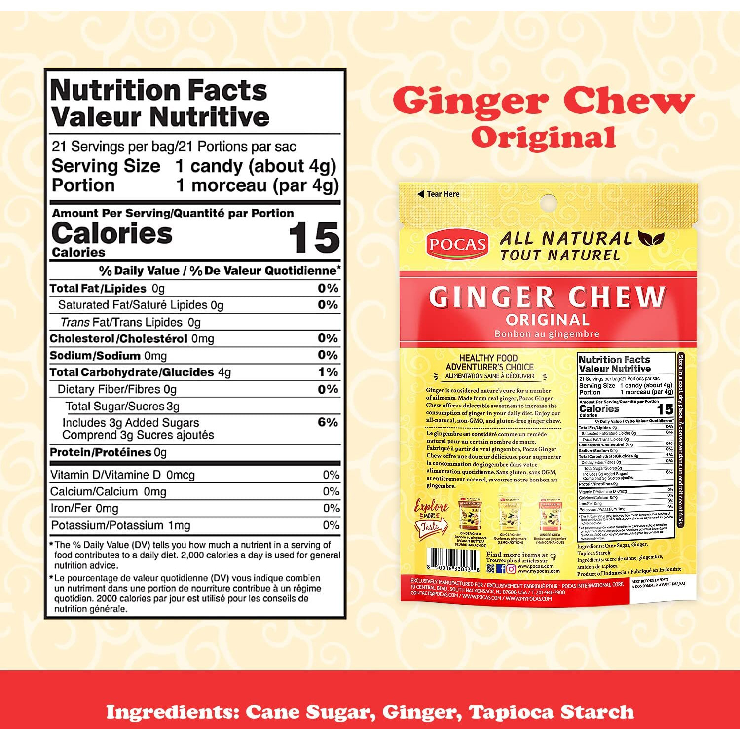 Pocas Original Ginger Chews - Sweet And Zesty Ginger Chew, Individually Wrapped Low-Calorie Snacks, Ginger Candy Made With Pure Cane Sugar, 3 Oz Ea (Pack Of 4)