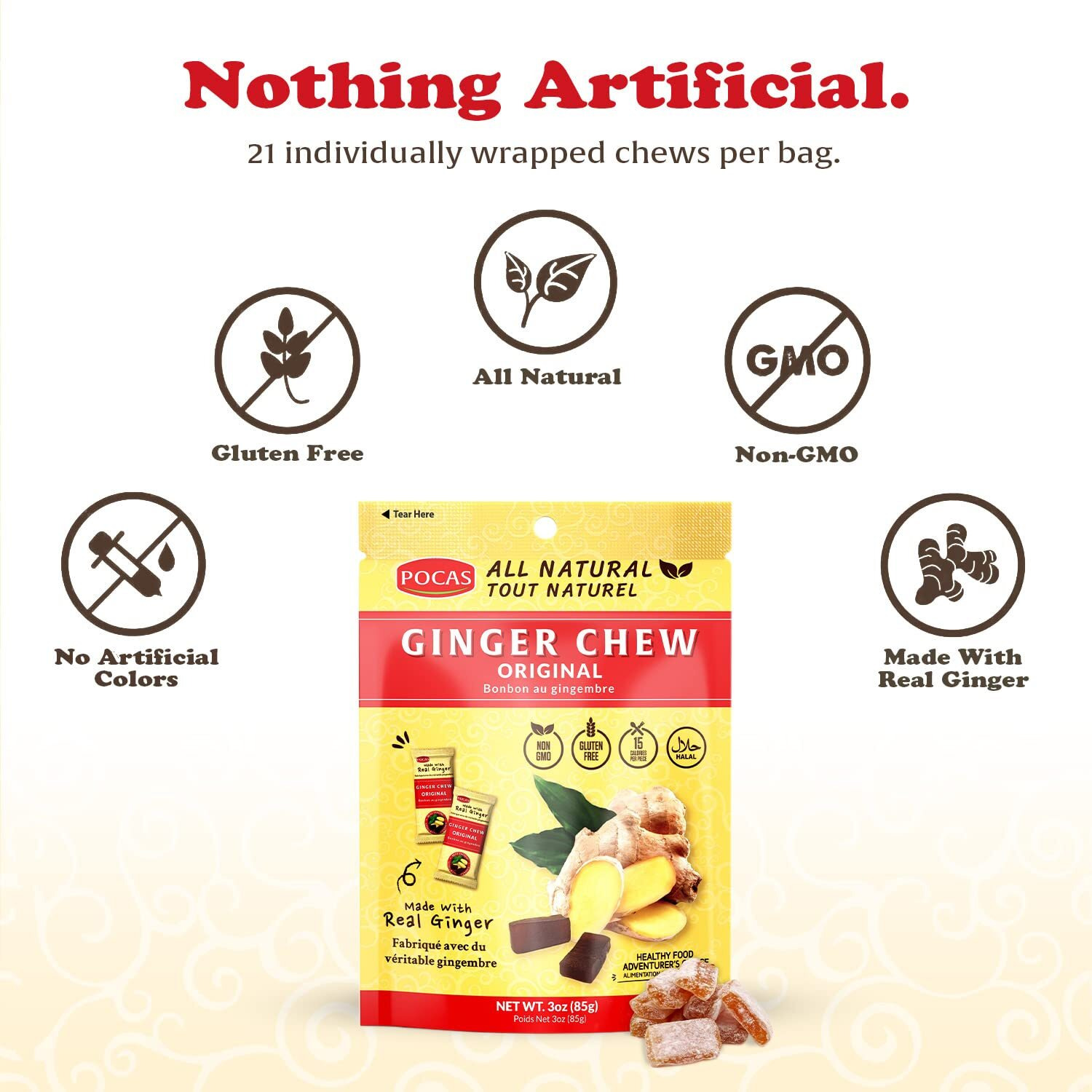 Pocas Original Ginger Chews - Sweet And Zesty Ginger Chew, Individually Wrapped Low-Calorie Snacks, Ginger Candy Made With Pure Cane Sugar, 3 Oz Ea (Pack Of 4)