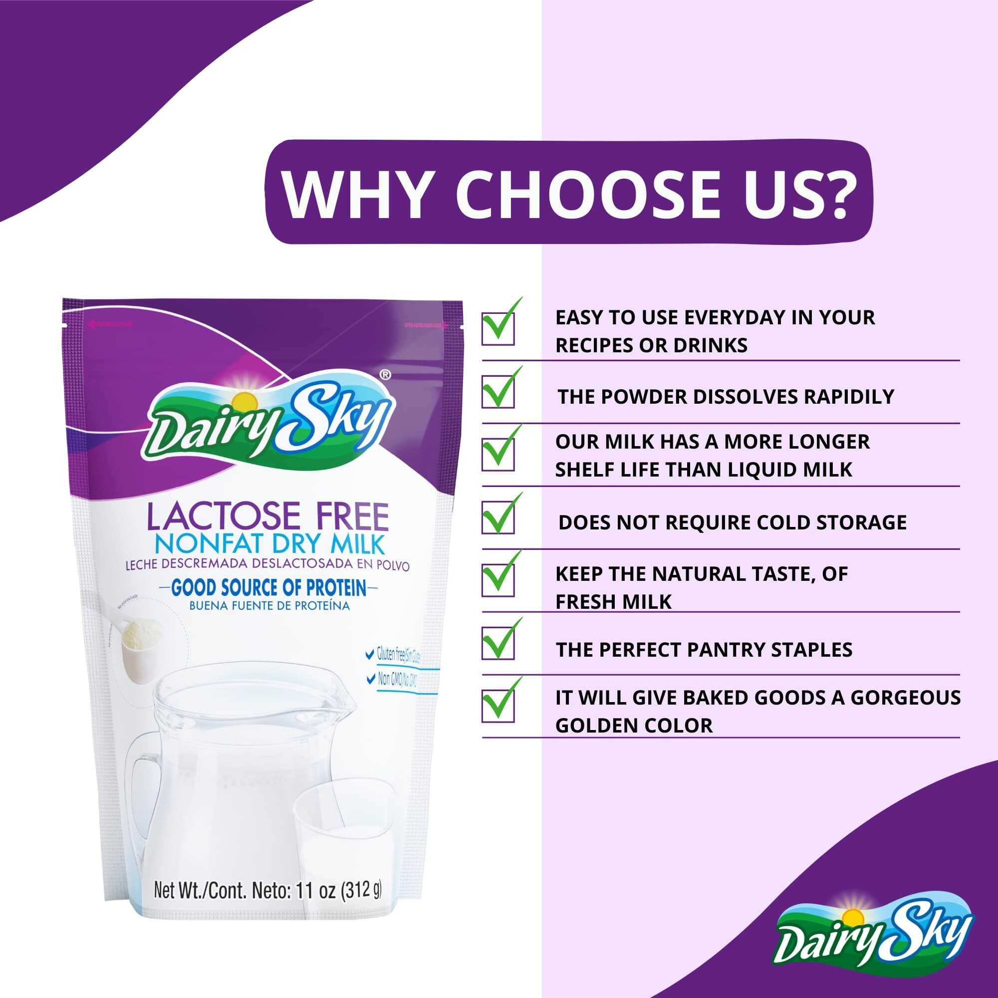 Dairysky Lactose Free Milk Powder 11 Oz - Skim Milk Powder, Non Gmo Fat Free For Baking & Coffee, Kosher With Protein & Calcium | Great Substitute For Liquid Milk | Rbst Hormone-Free