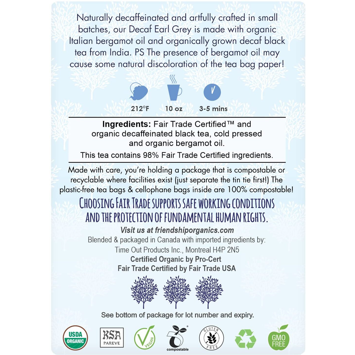 Friendship Organics Decaf Earl Grey Tea Bags, Organic And Fair Trade 36 Count