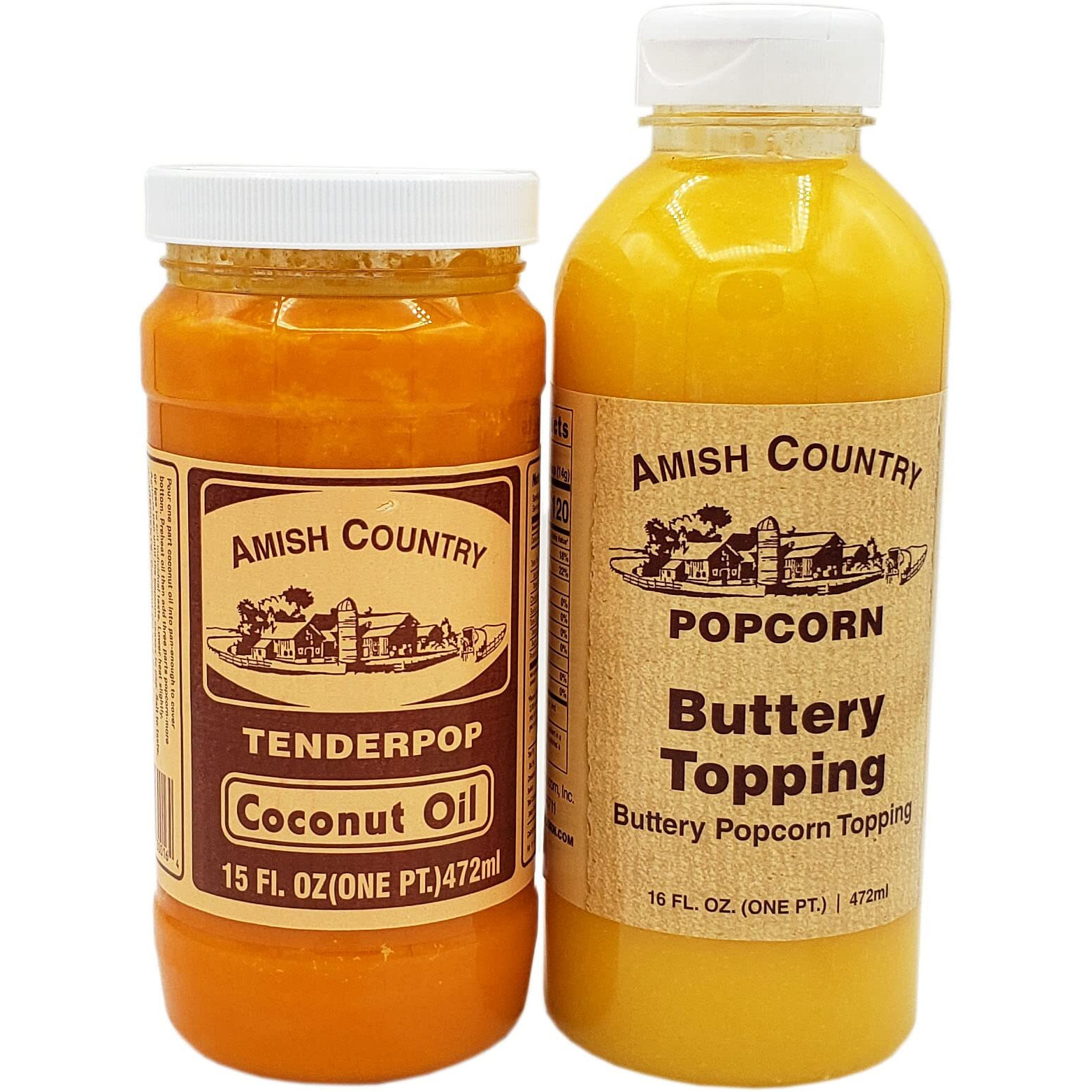 Amish Country Popcorn | Coconut Oil And Buttery Topping Bundle | 15 Oz Coconut Oil And 16 Oz Buttery Popcorn Topping | Old Fashioned, Non-Gmo And Gluten Free