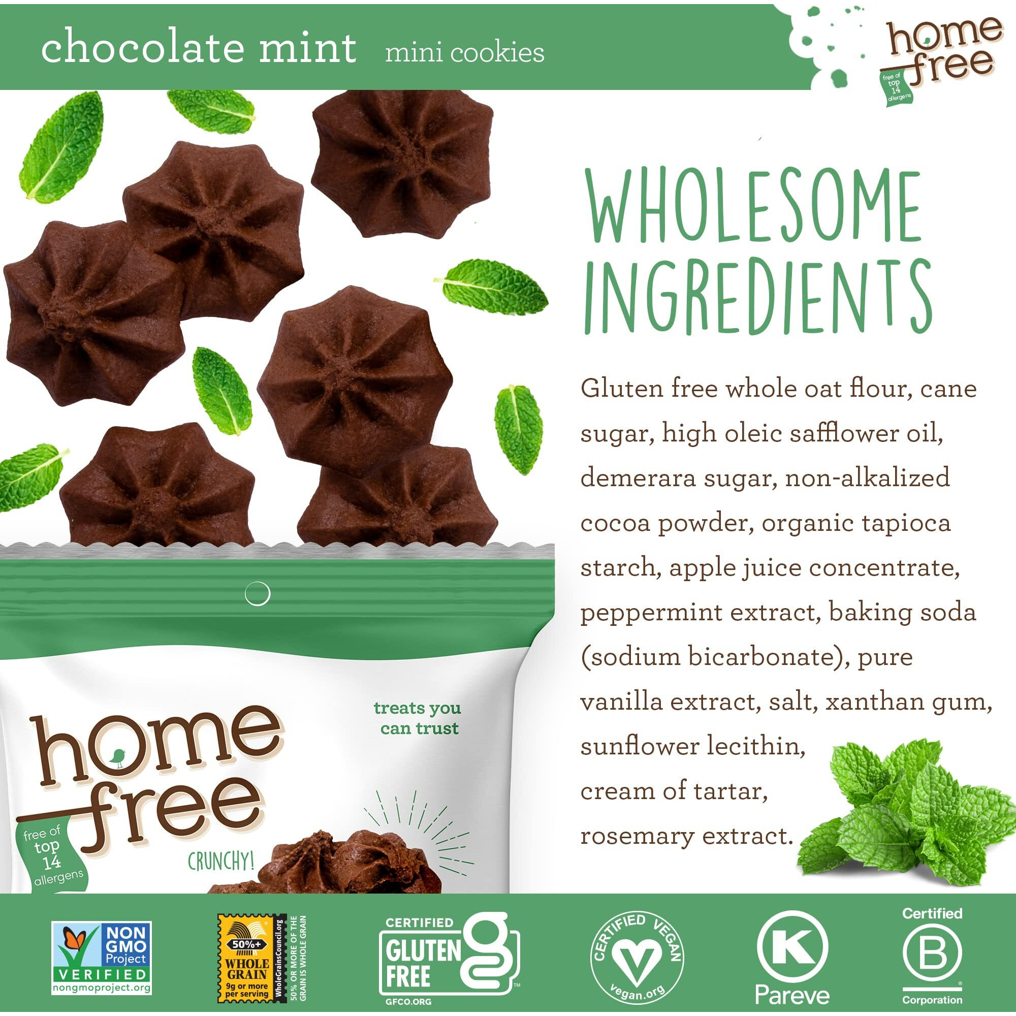 Homefree Chocolate Mint Mini Cookies, Gluten Free, Nut Free, Vegan, Individually Wrapped Packs, School Safe And Allergy Friendly Snack, 0.95 Oz. (Pack Of 10)