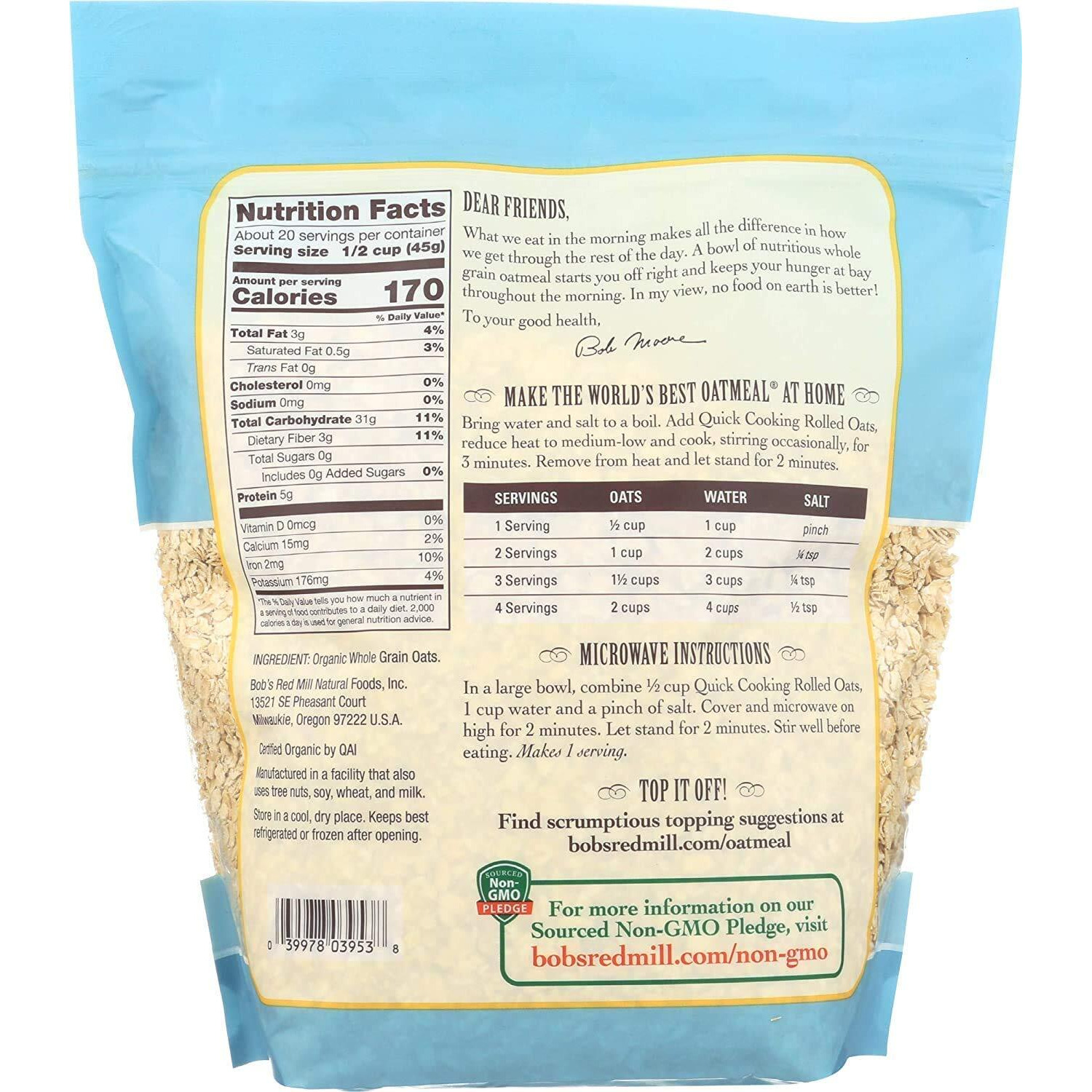 Bob's Red Mill Organic Quick Cooking Rolled Oats (32 Ounce, Pack Of 2)