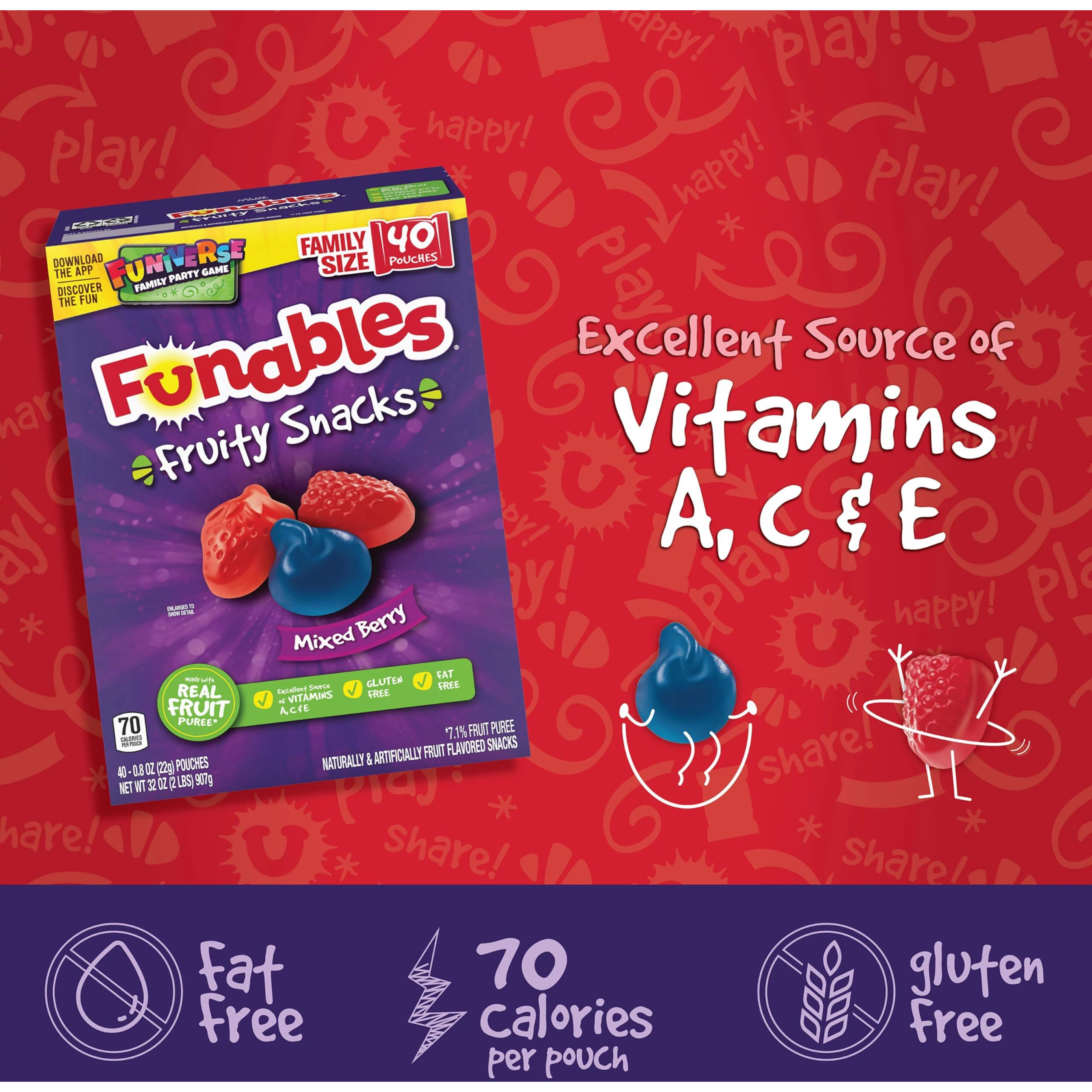 Funables Fruity Snacks, Mixed Berry, Flavored Snacks, Halloween Candy Variety Pack Trick-Or-Treat Assortment, 0.8 Oz 40 Ct