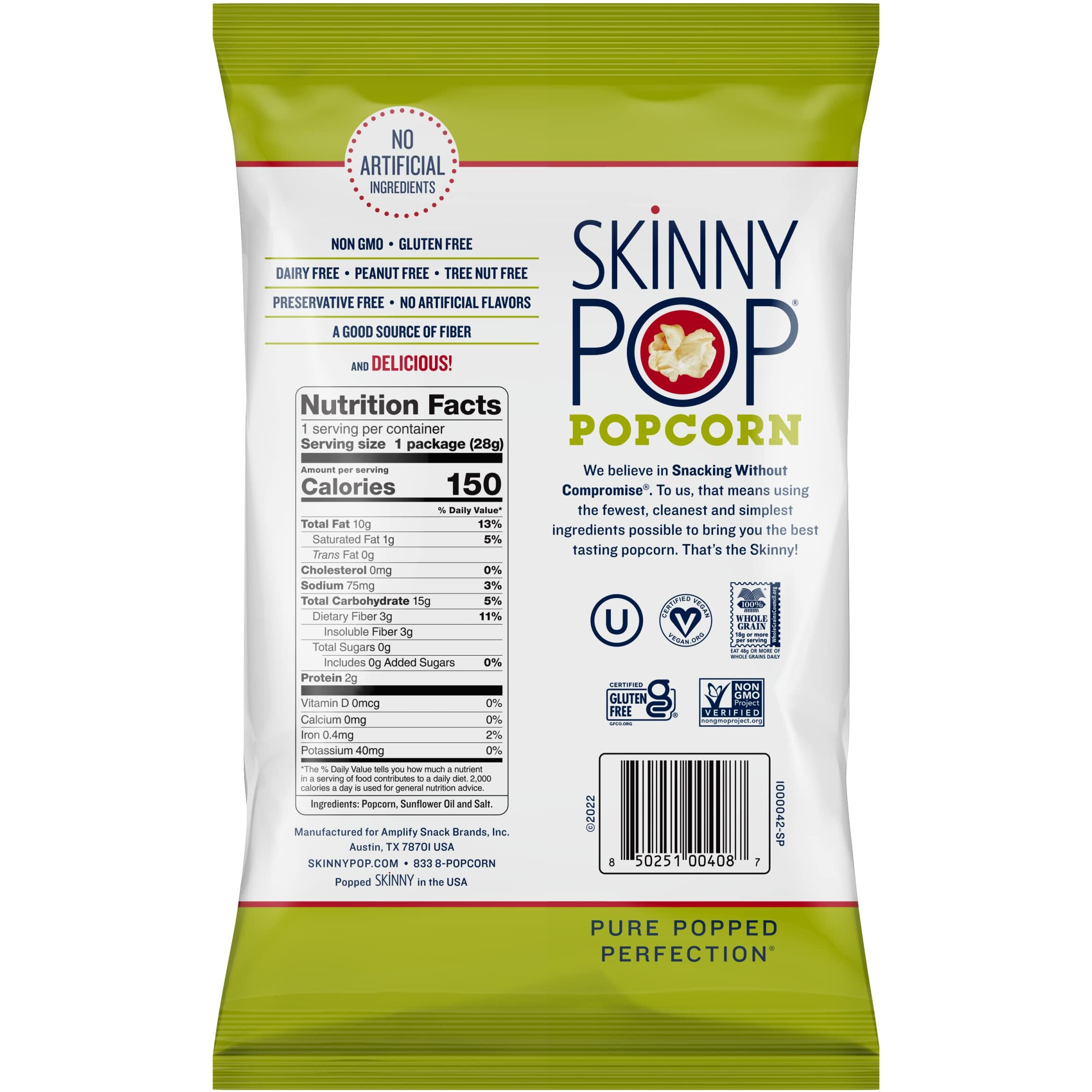 Skinnypop Popcorn, Gluten Free, Dairy Free, Non-Gmo, Healthy Snacks, Skinny Pop Original Popcorn, 1Oz Individual Size Snack Bags (12 Count)