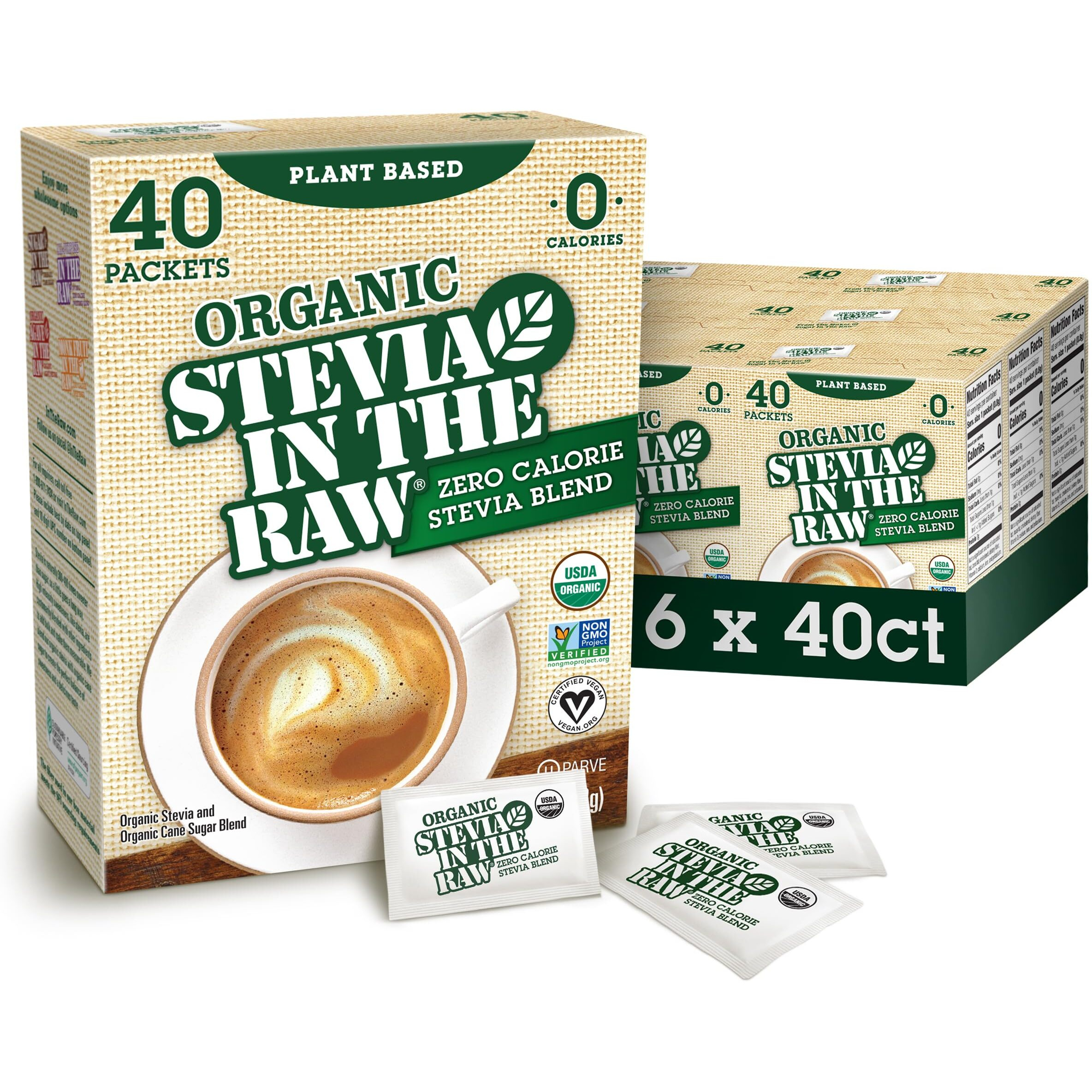 Organic Stevia In The Raw, Plant Based Zero Calorie Natural Sweetener, No Erythritol, Sugar Substitute, Sweetener For Coffee, Hot & Cold Drinks, Non-Gmo, Vegan, Gluten-Free, 40 Count Packets (6 Pack)