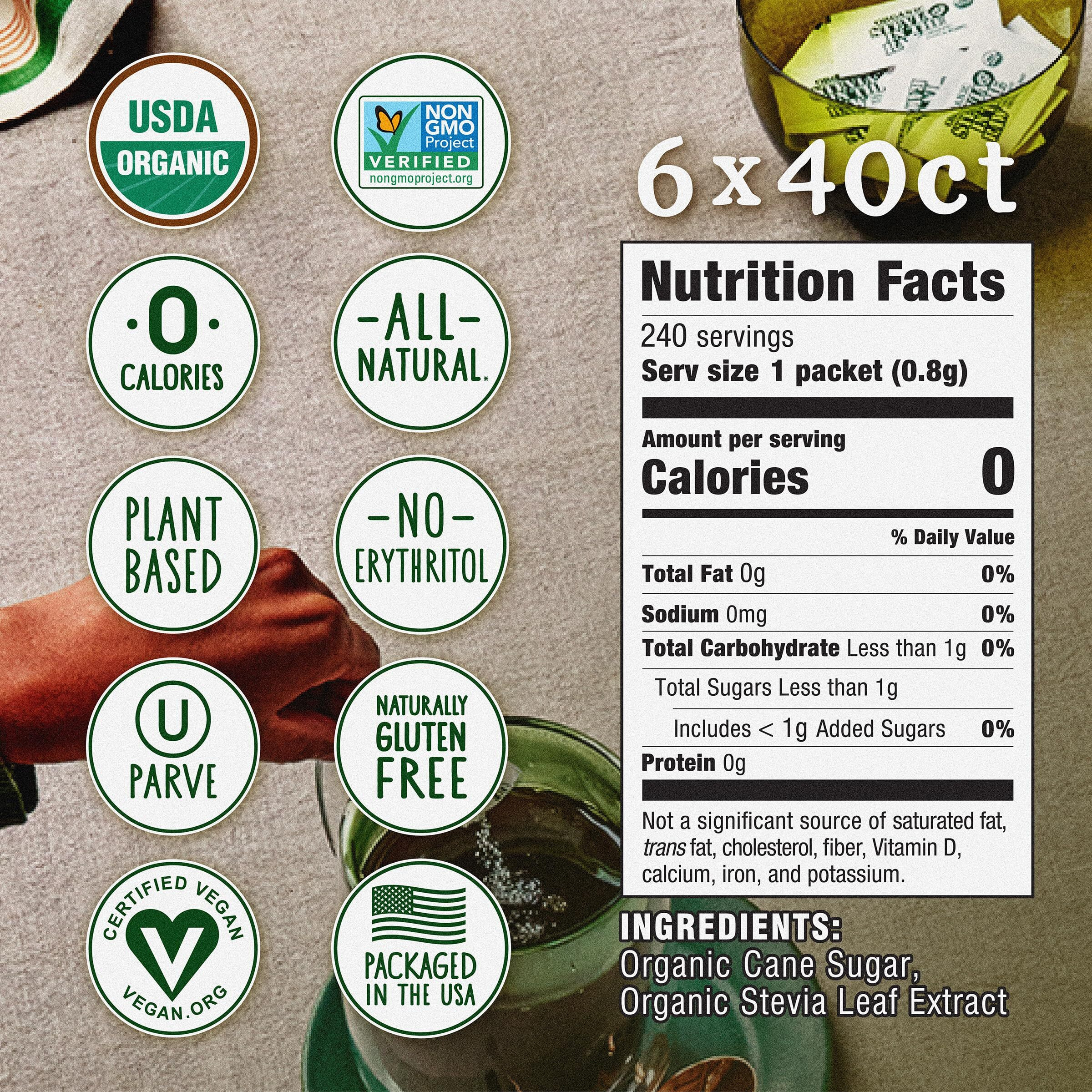 Organic Stevia In The Raw, Plant Based Zero Calorie Natural Sweetener, No Erythritol, Sugar Substitute, Sweetener For Coffee, Hot & Cold Drinks, Non-Gmo, Vegan, Gluten-Free, 40 Count Packets (6 Pack)