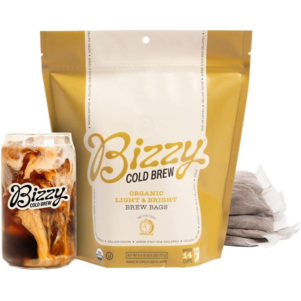 Bizzy Organic Cold Brew Coffee | Light & Bright Blend | Coarse Ground Coffee | Light Roast | Micro Sifted | Specialty Grade | 100% Arabica | Brew Bags | 4 Count | Makes 14 Cups