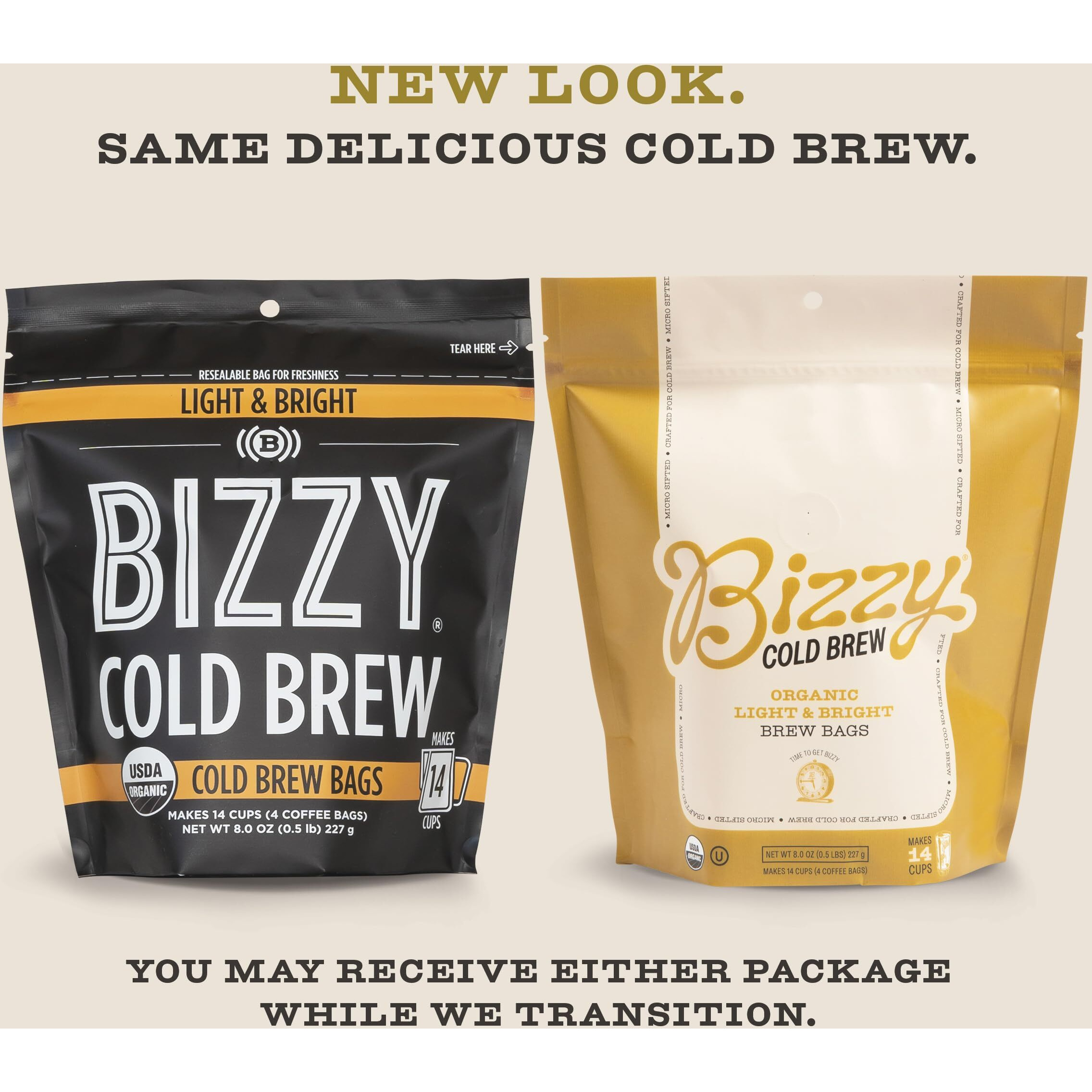 Bizzy Organic Cold Brew Coffee | Light & Bright Blend | Coarse Ground Coffee | Light Roast | Micro Sifted | Specialty Grade | 100% Arabica | Brew Bags | 4 Count | Makes 14 Cups