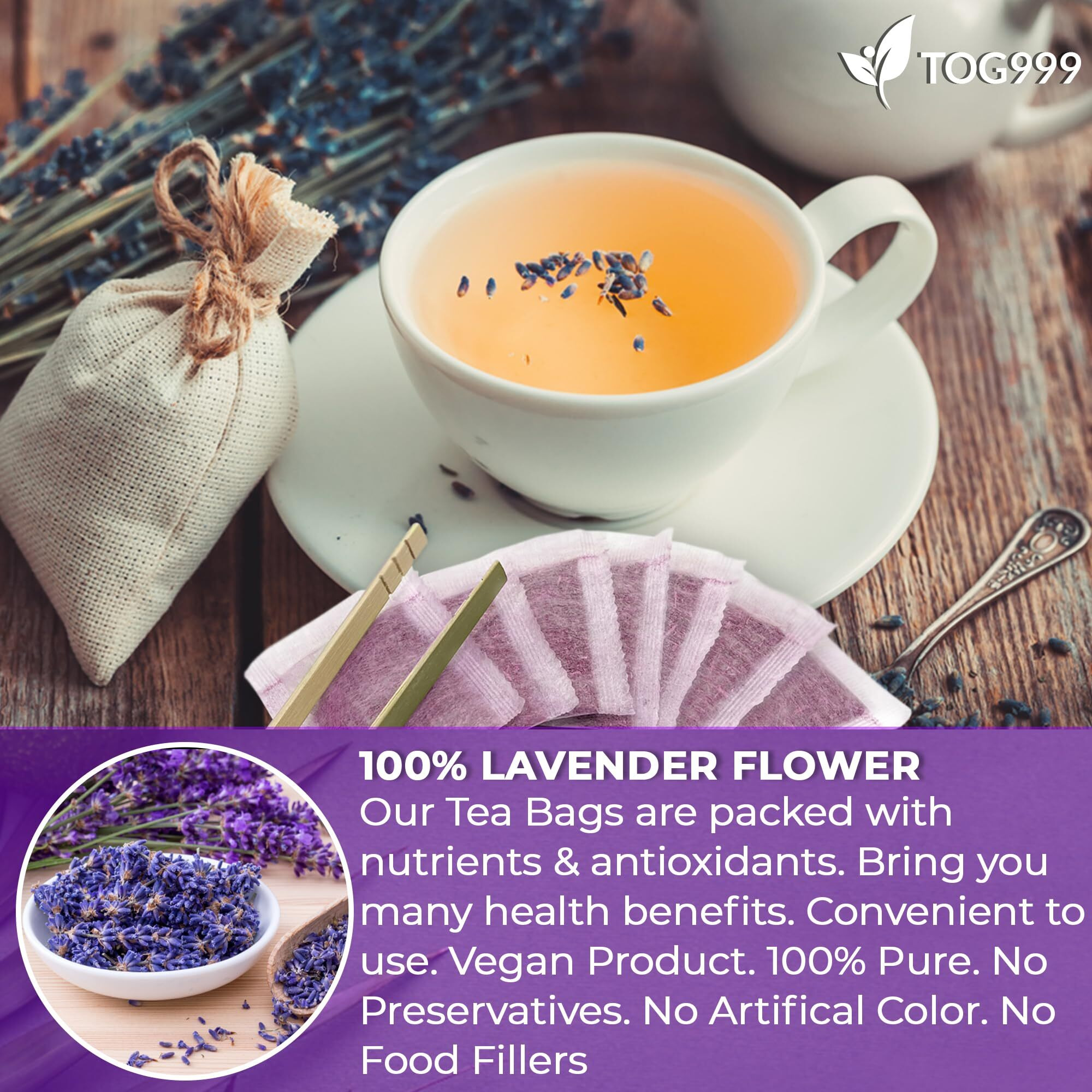 Tog999, 60 Lavender Flower Tea Bags, 100% Natural & Pure From Lavender Flowers. Loose Flower Lavender Herbal Tea. Lavender Flower Tea. No Sugar, No Caffeine, No Gluten, Vegan.