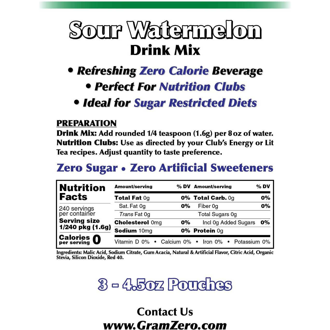 Gramzero Sour Watermelon Zero Calorie Sugar Free Drink Mix, Great For Nutrition Club Loaded Tea, Stevia Sweetened