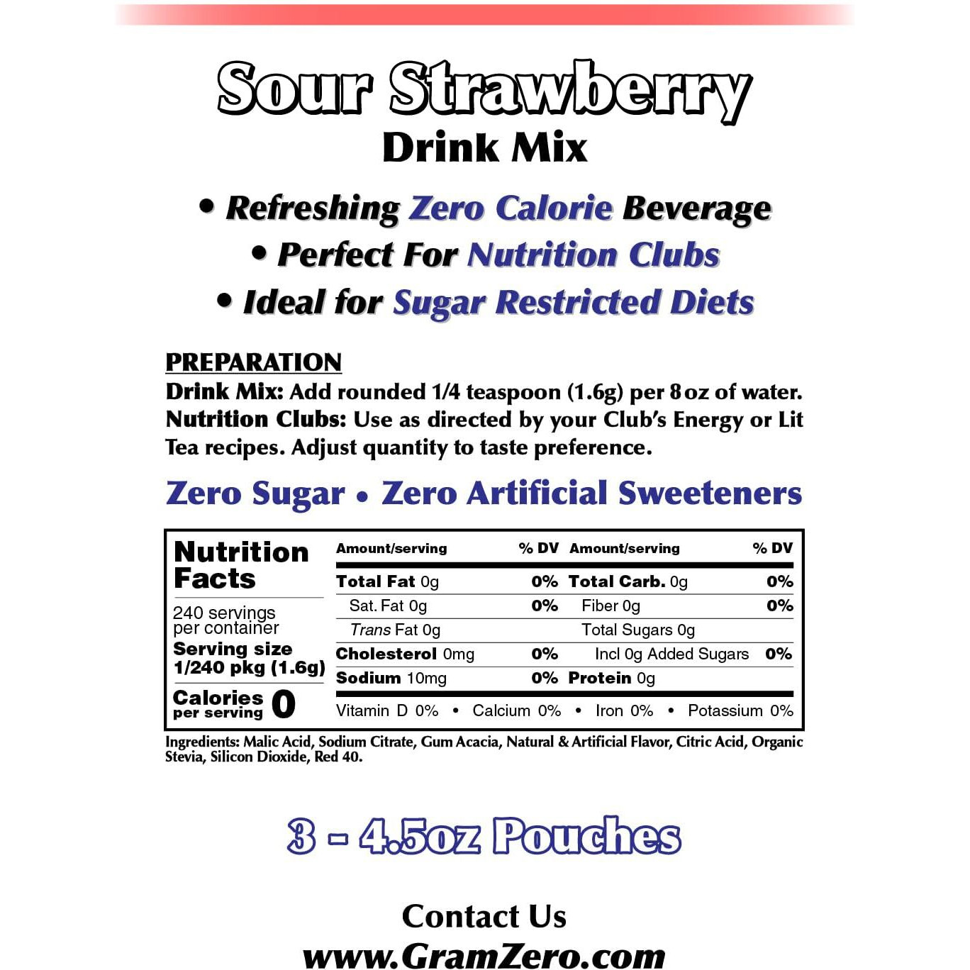 Gramzero Sour Strawberry Zero Calorie Sugar Free Drink Mix, Great For Nutrition Club Loaded Tea, Stevia Sweetened