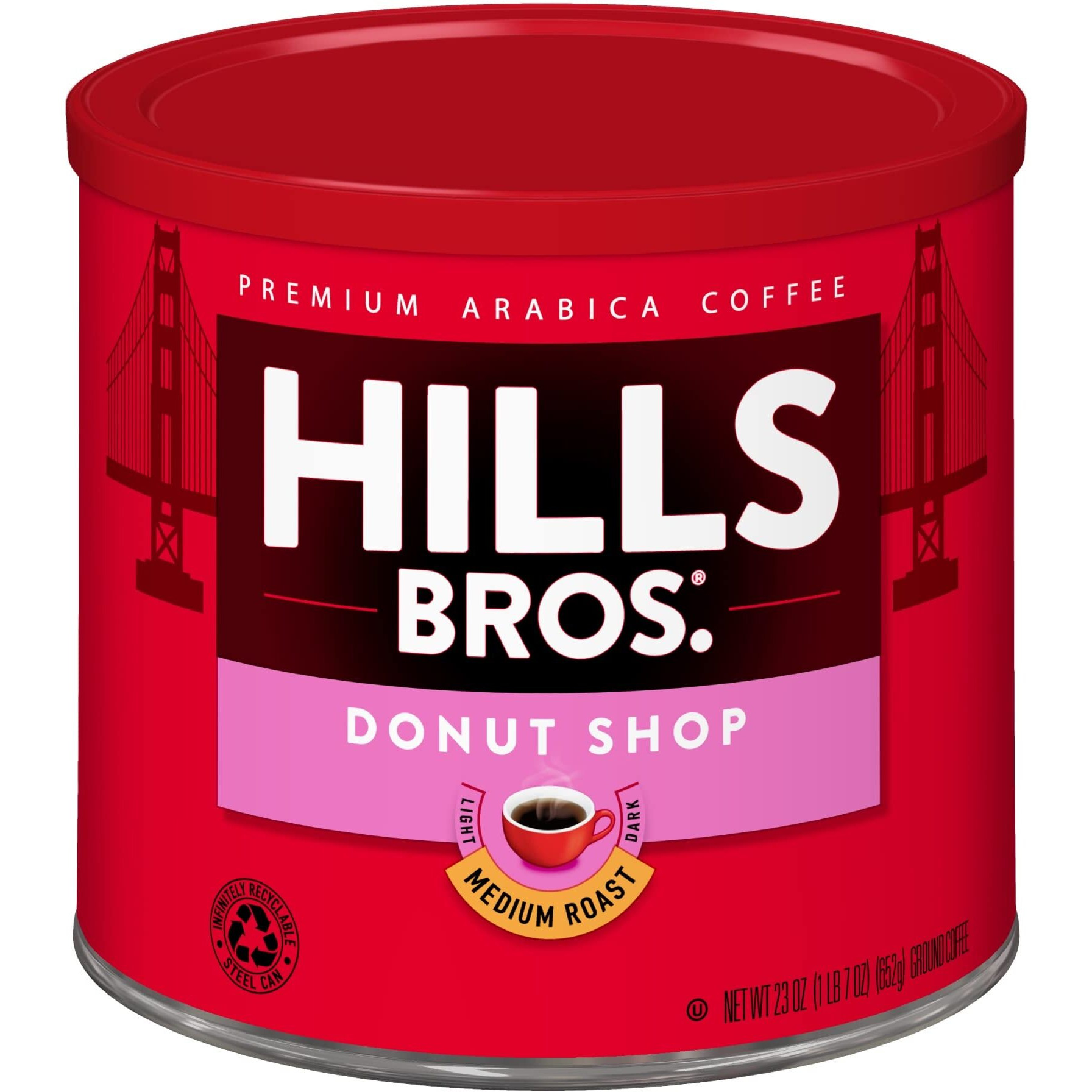 Hills Bros Donut Shop Ground Coffee, Medium Roast, 23 Oz. Can - Slightly Sweet, Smooth Coffee Taste