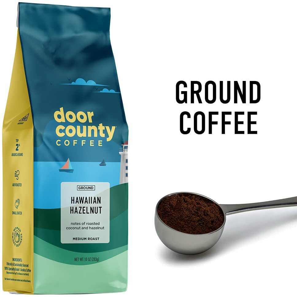 Door County Coffee Hawaiian Hazelnut Flavored Coffee |10Oz Bag | Ground Coffee Medium Roast |100% Arabica Coffee | Hawaiian Hazelnut