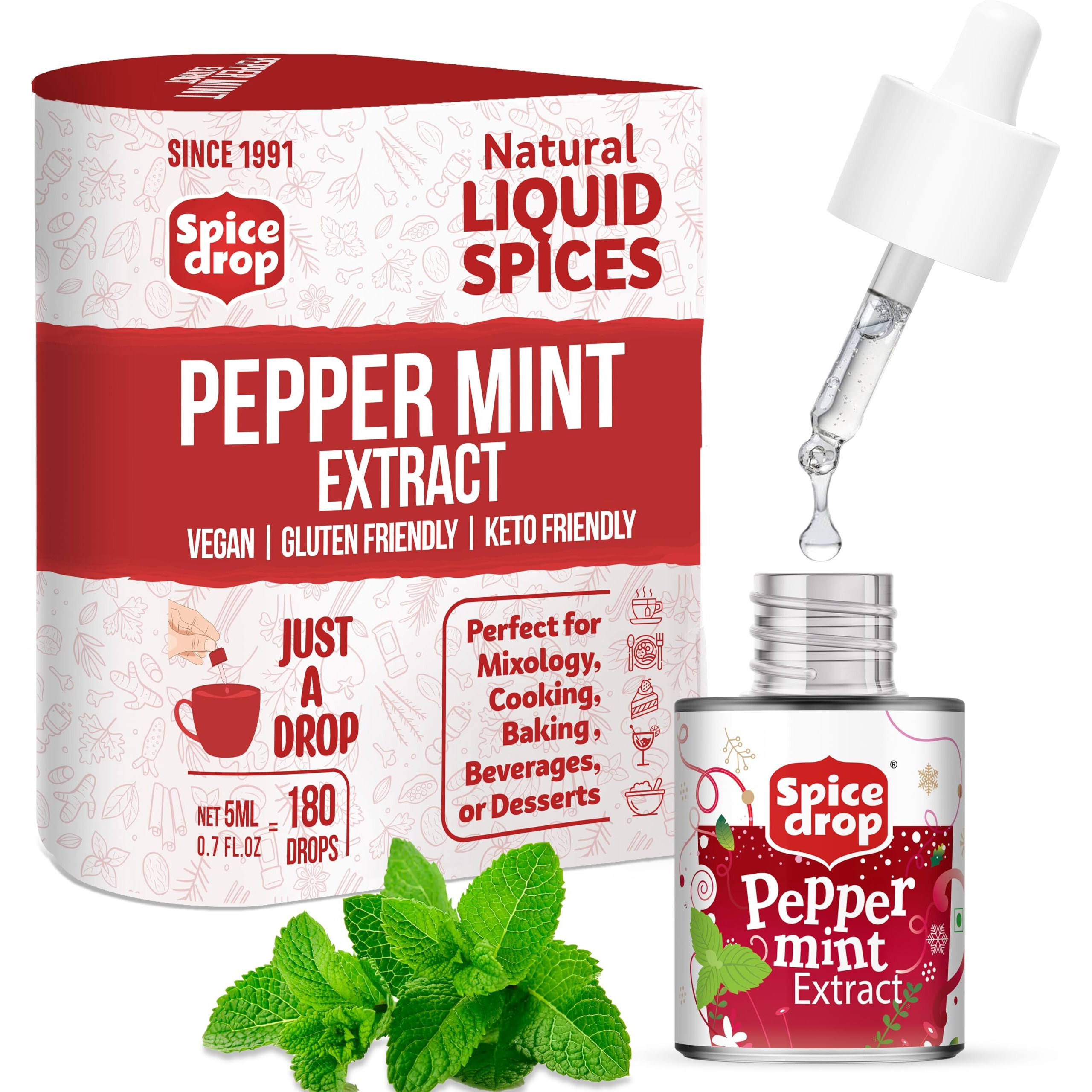Spice Drop Peppermint Extract - Up To 180 Drops Per Bottle | Tea, Coffee, Cooking, Baking, Dessert | Rich In Quality And Aroma | No Added Color Or Preservative | Vegan (0.17Oz, Pack Of 1)