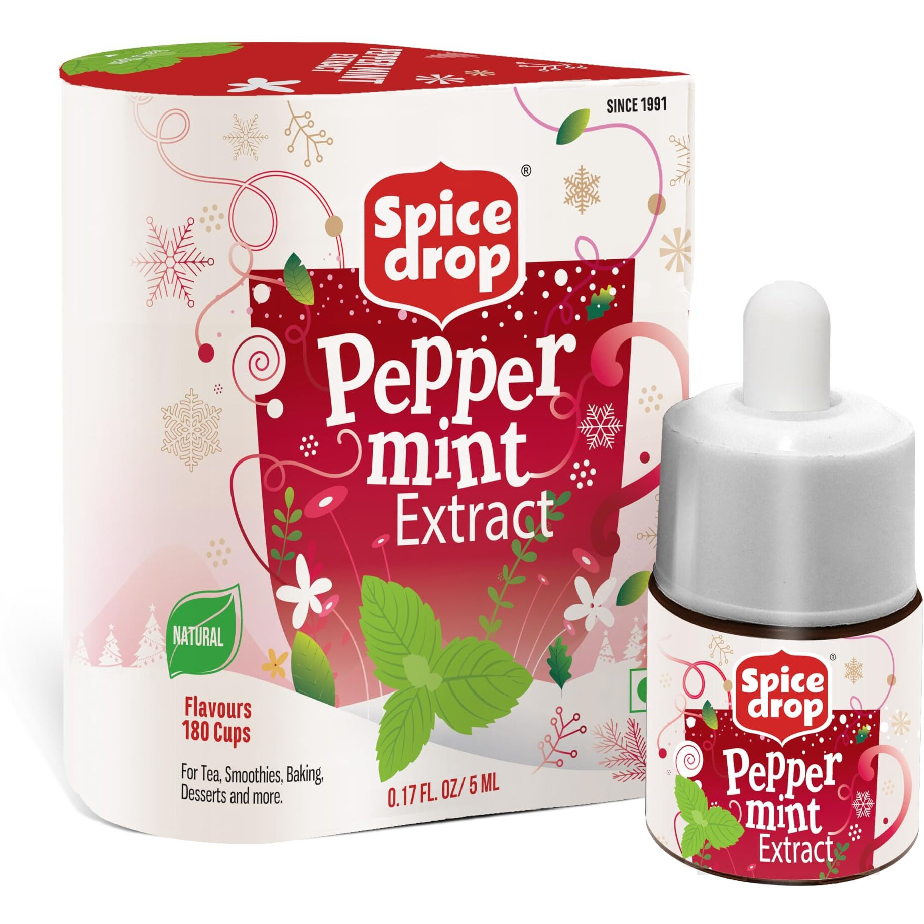 Spice Drop Peppermint Extract - Up To 180 Drops Per Bottle | Tea, Coffee, Cooking, Baking, Dessert | Rich In Quality And Aroma | No Added Color Or Preservative | Vegan (0.17Oz, Pack Of 1)