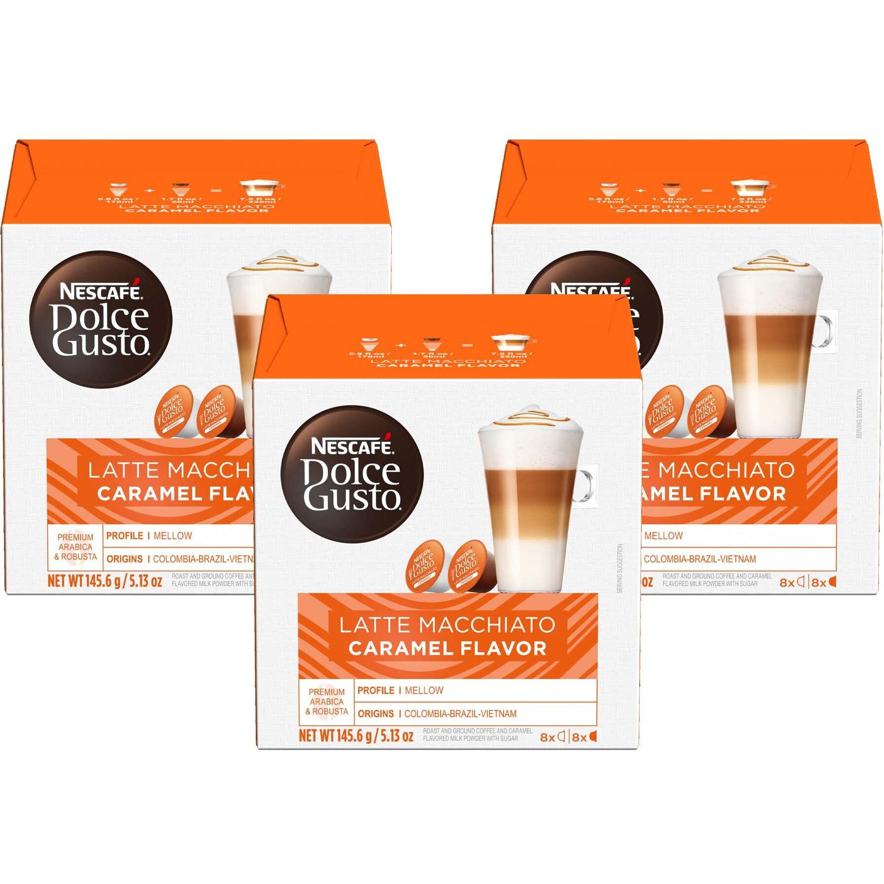 Nescafe Dolce Gusto Coffee Pods, Caramel Macchiato, 16 Capsules, Pack Of 3