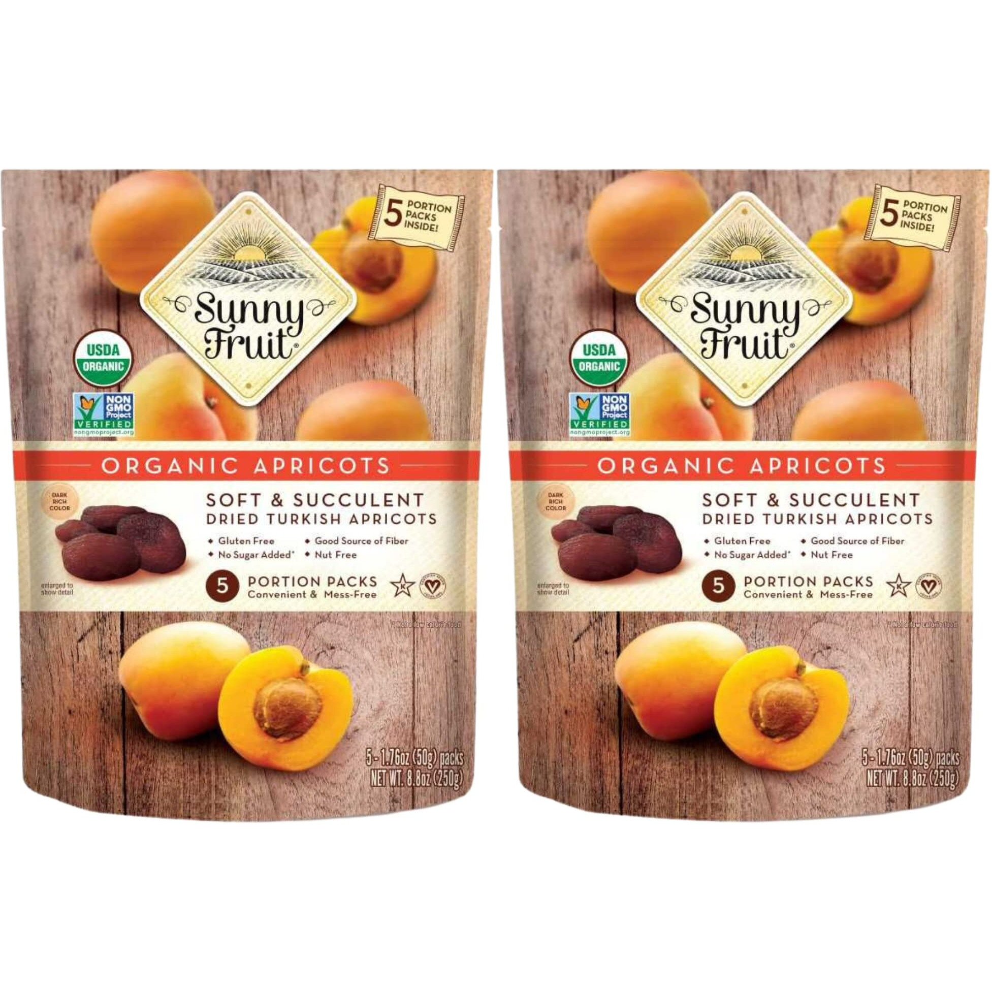 Organic Turkish Dried Apricots - Sunny Fruit (2 Bags) - (5) Portion Packs Per Bag - No Added Sugars, Sulfurs Or Preservatives | Non-Gmo, Vegan & Halal
