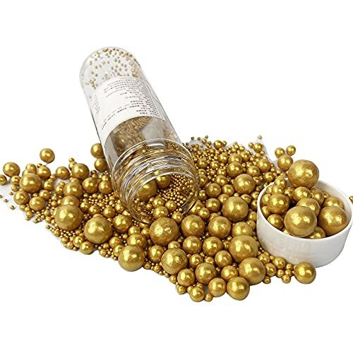 Edible Pearl Sugar Sprinkles Gold Candy 120G/ 4.2Oz Baking Edible Cake Decorations Cupcake Toppers Cookie Decorating Ice Cream Toppings Celebrations Shaker Jar Wedding Shower Party Chirstmas Supplies