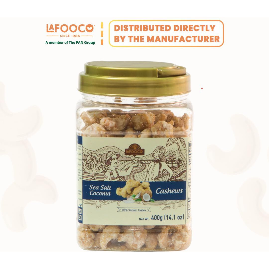 Lafooco Sea Salt Coconut Cashews, Premium Cashews, Lightly Sea Salted, Coconut Flakes, Rich In Nutrients, Protein, Great Gift For Family, Resealable Jar, Halal, Brcgs (14.1 Oz)