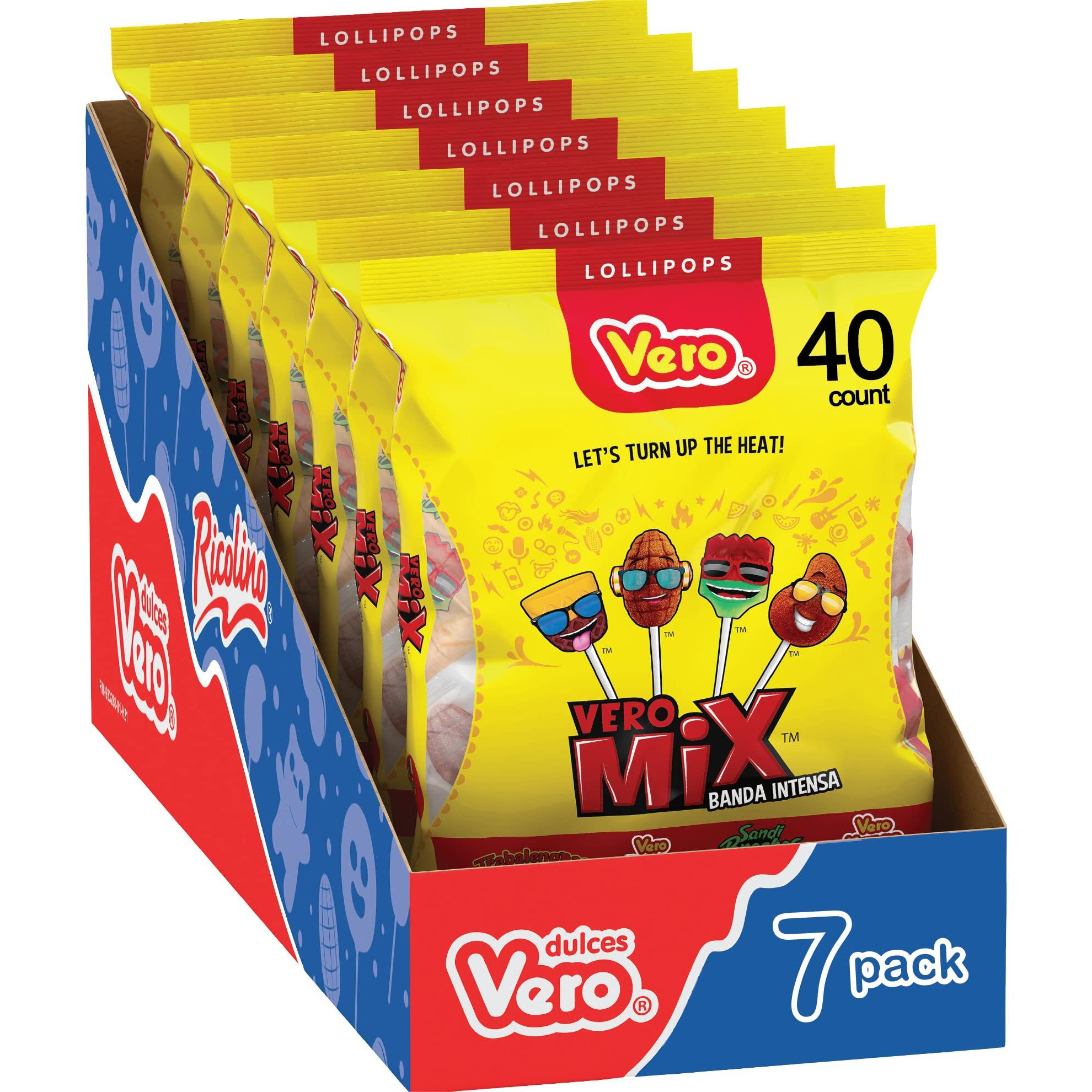 Vero Banda Fuego Mix Assorted Chili Lollipops, Artificially Flavored, 7 Bags, 40 Count Each, Net Weight Of 8 Pounds 15.5 Ounces