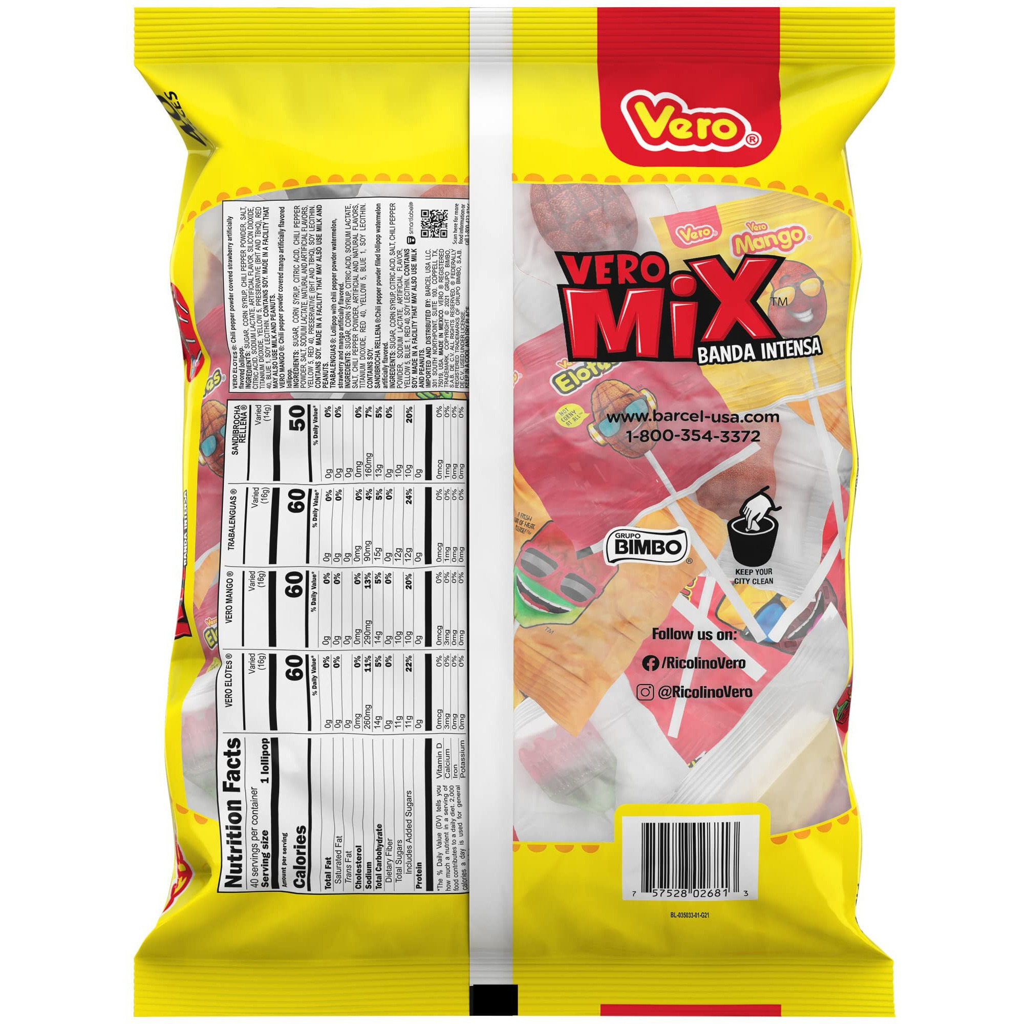 Vero Banda Fuego Mix Assorted Chili Lollipops, Artificially Flavored, 7 Bags, 40 Count Each, Net Weight Of 8 Pounds 15.5 Ounces