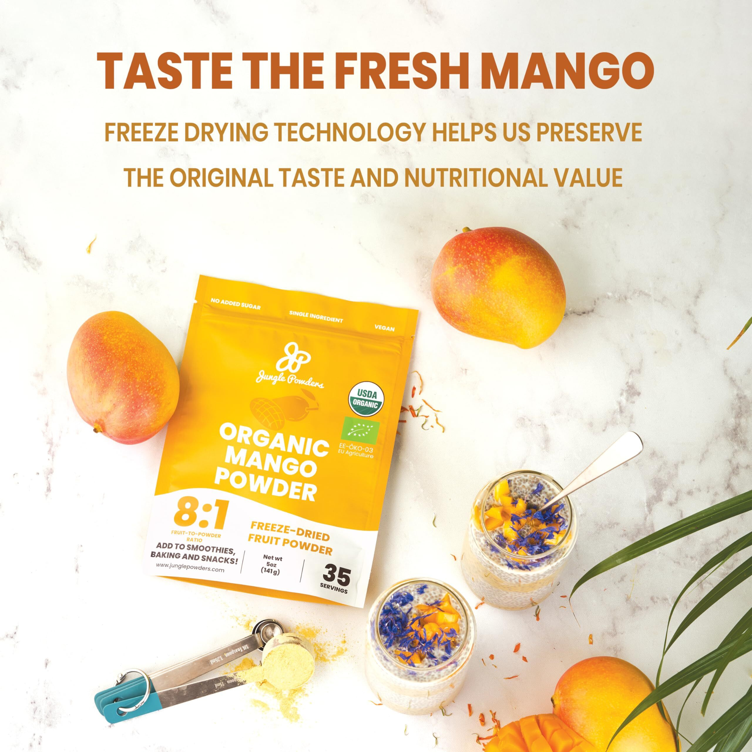 Jungle Powders Organic Mango Powder 5 Ounce Bag, Mango Extract For Baking, Smoothies, Desserts, Freeze Dried Mango Powder, Non Gmo Vegan Dried Mangoes Dry Juice Vegan Fruit Powder