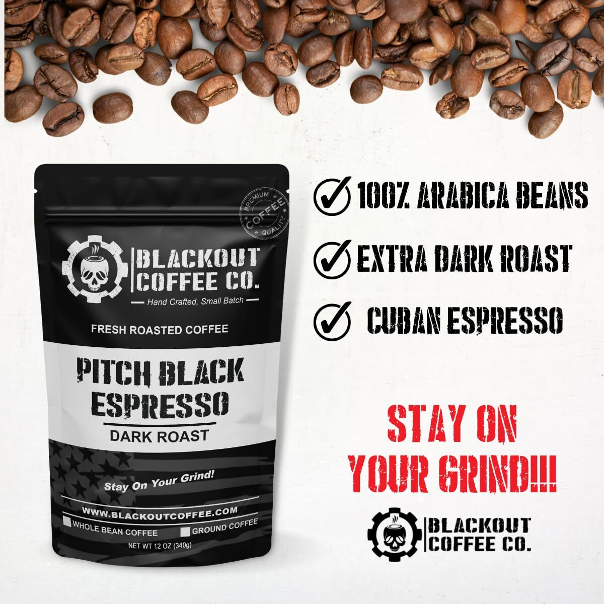 Blackout Coffee, Pitch Black Espresso Extra Dark Roast Coffee, European-Style Espresso Coffee, Aromatic, Small Batch Fresh Roasted In The Usa - 12 Oz Bag (Medium Ground Coffee)