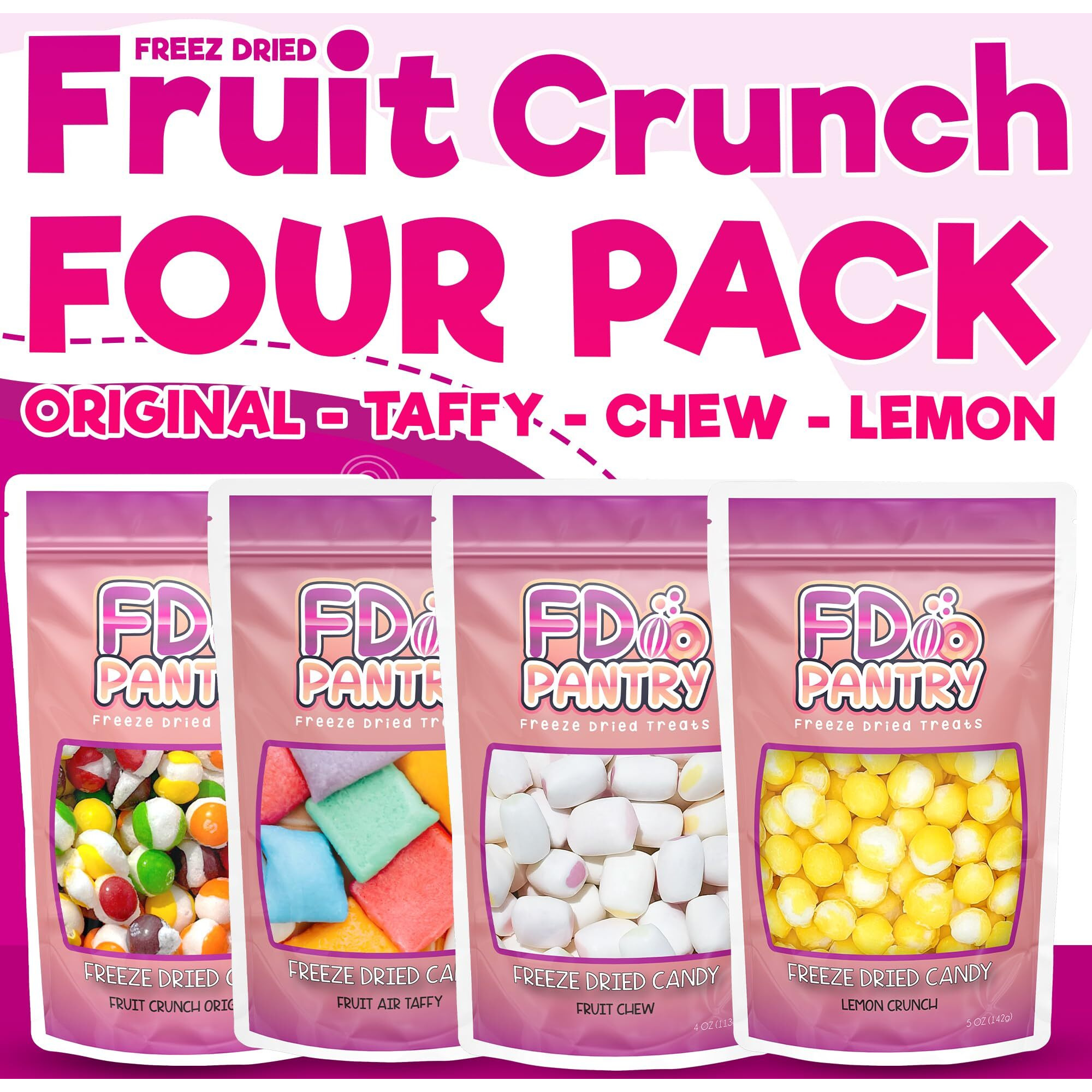 Freeze Dried Candy Variety Pack - Fruit Crunch 4 Pack, Fruit Crunch Original, Lemon Crunch, Fruit Taffy, Fruit Crunch 4 Oz (4 Count) - Assortment Combo Bundle Gift