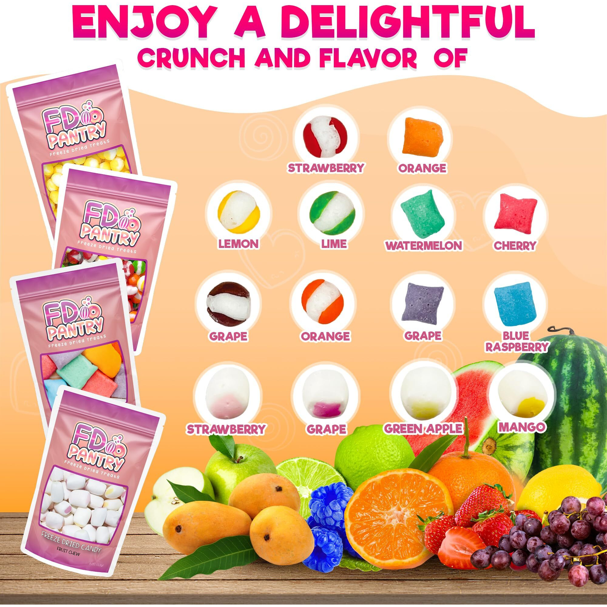 Freeze Dried Candy Variety Pack - Fruit Crunch 4 Pack, Fruit Crunch Original, Lemon Crunch, Fruit Taffy, Fruit Crunch 4 Oz (4 Count) - Assortment Combo Bundle Gift