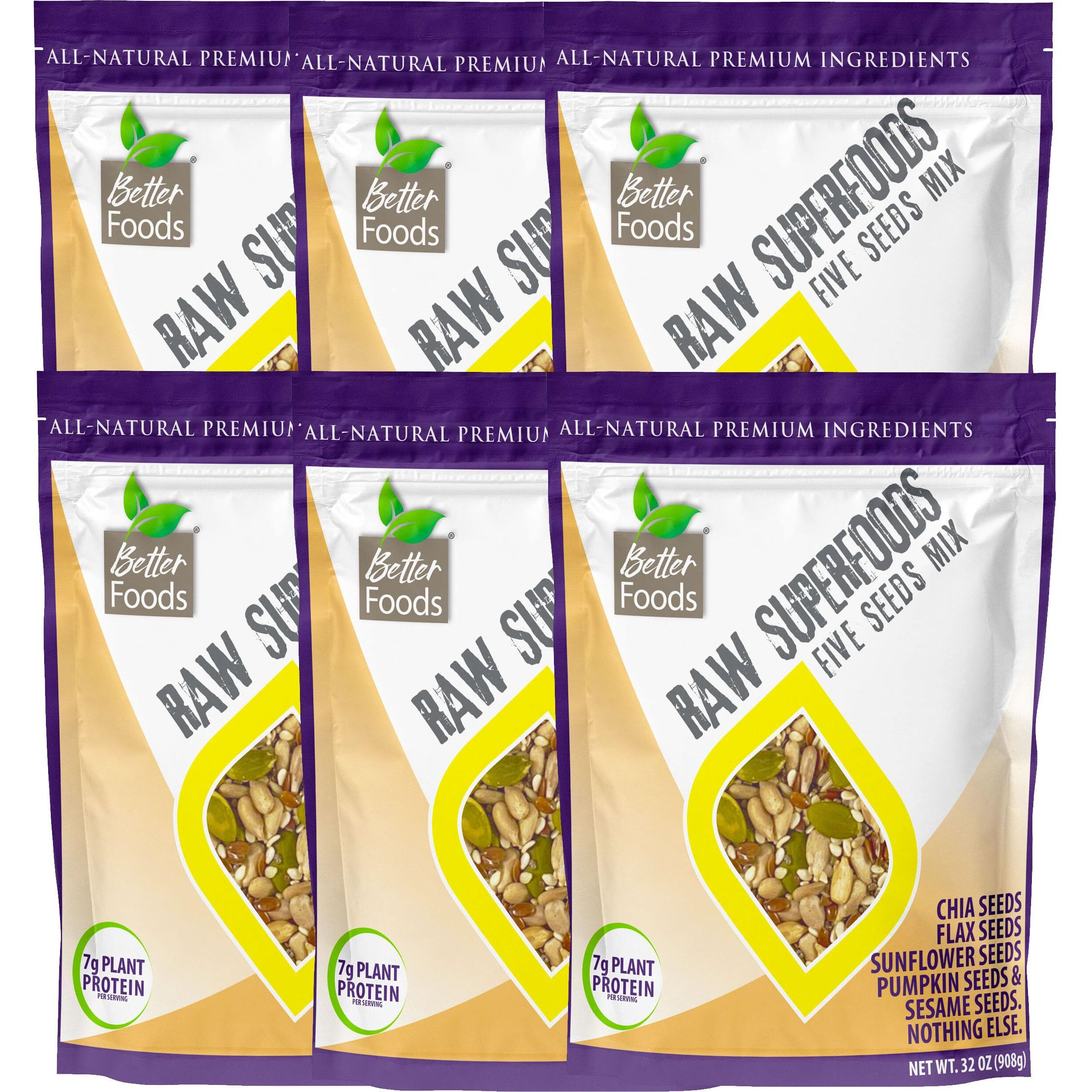 Betterfoods Raw Superfoods Five Seeds Mix | Pumpkin, Sunflower, Chia, Flax, Sesame Seeds Blend For Salads & Snacking | 7G Protein, 1G Net Carbs, High Fiber, Non-Gmo, Gluten & Soy-Free | 32Oz, 6 Pack