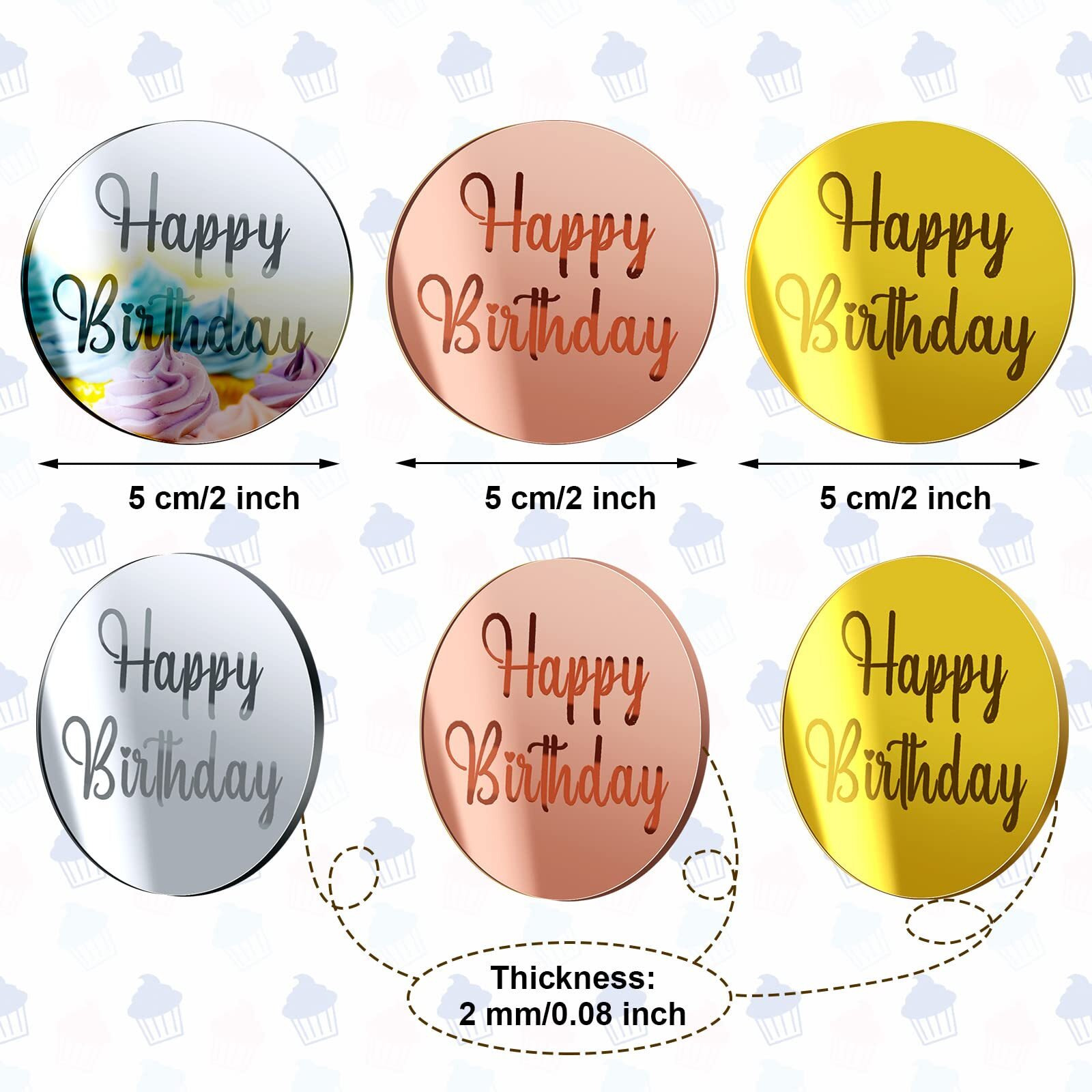 30 Pcs Acrylic Cupcake Toppers Happy Birthday Cake Disc Mirror Acrylic Cake Topper Engraved Personalized Cake Topper Mini Acrylic Cake Charm Name Custom Cake Decorations For Decor (Round)