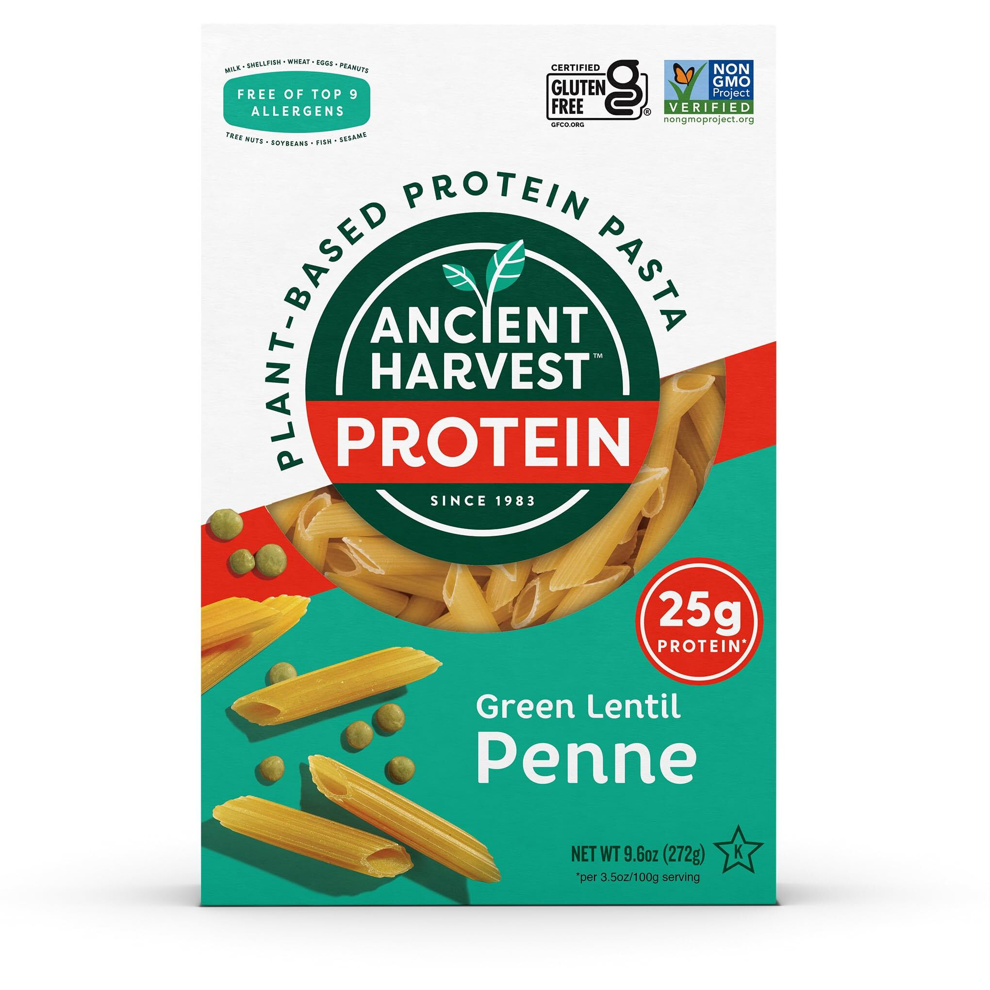 Ancient Harvest Gluten-Free Plant-Based High-Protein Vegan Pasta, Green Lentil And Quinoa Penne, 8 Ounce (Pack Of 6)