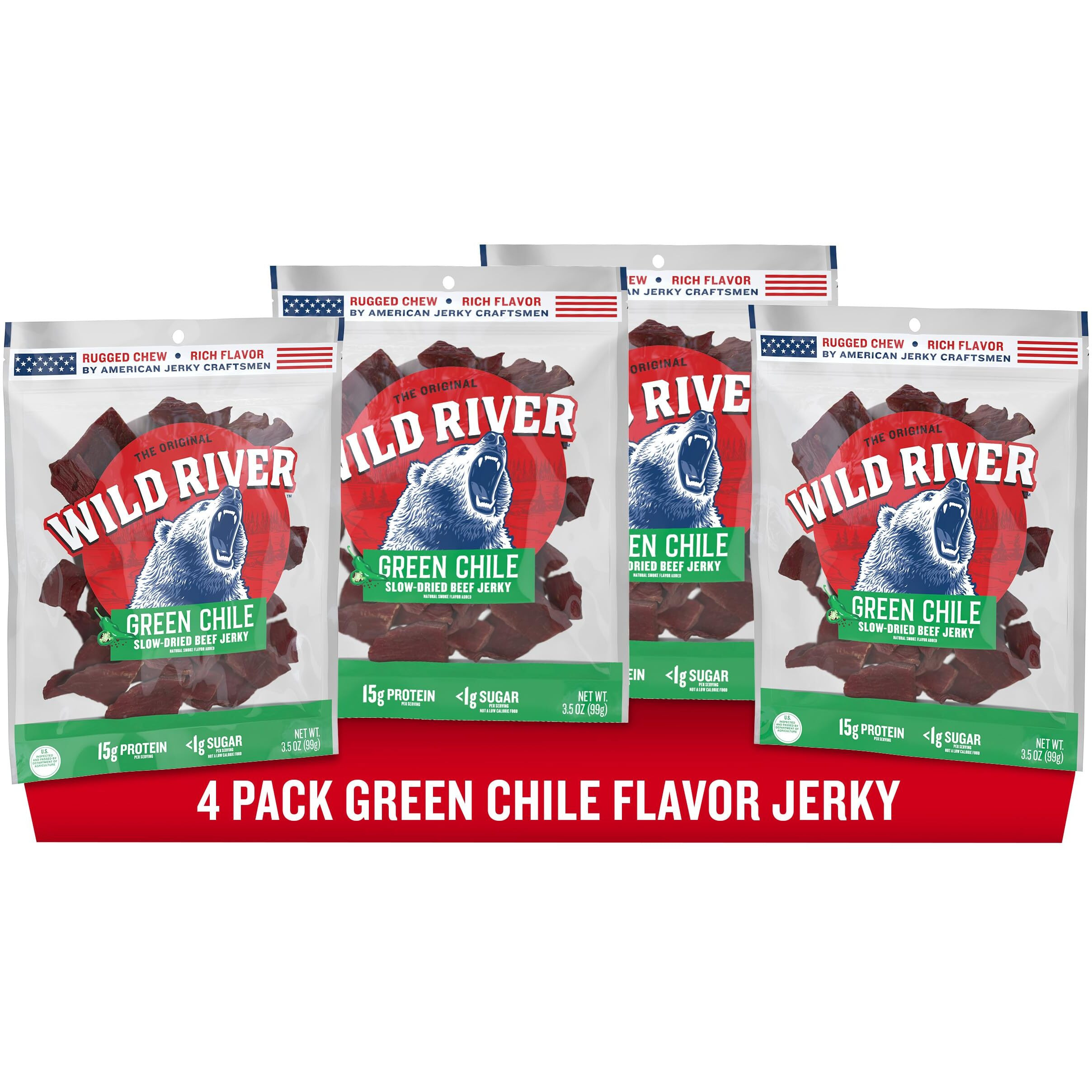 Wild River Green Chile Beef Jerky, Old Fashioned Beef Jerky, Gluten Free, Deliciously Seasoned, Savory Meat Snack For Lunches, Ready To Eat, Made With 100% Beef, 15G Of Protein, 3.5 Ounce (Pack Of 4)