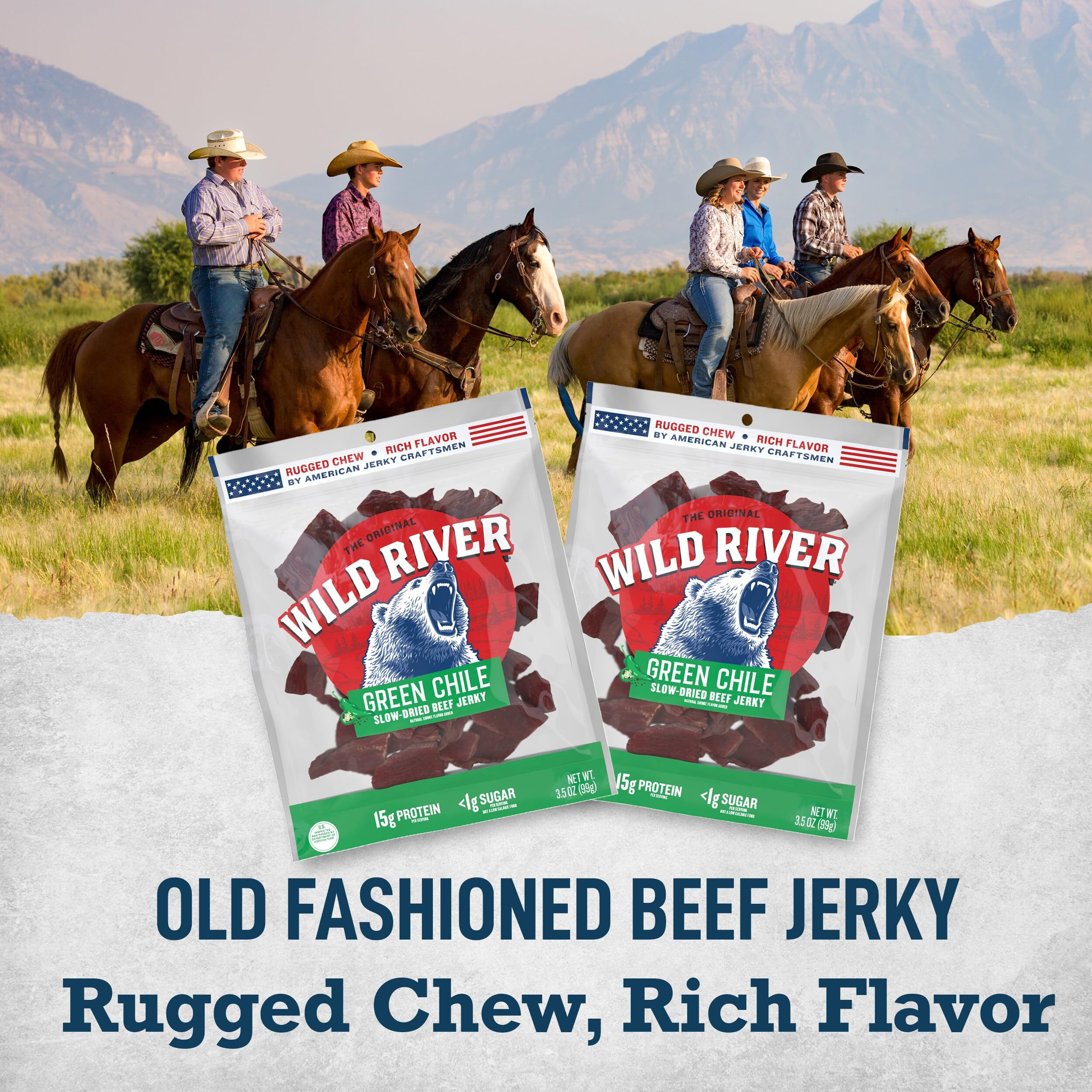 Wild River Green Chile Beef Jerky, Old Fashioned Beef Jerky, Gluten Free, Deliciously Seasoned, Savory Meat Snack For Lunches, Ready To Eat, Made With 100% Beef, 15G Of Protein, 3.5 Ounce (Pack Of 4)