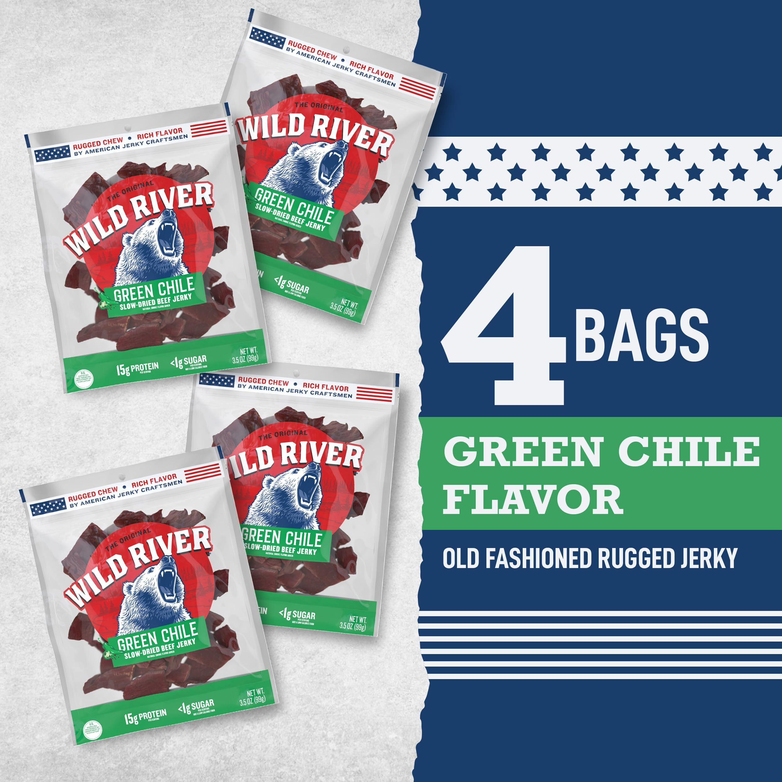 Wild River Green Chile Beef Jerky, Old Fashioned Beef Jerky, Gluten Free, Deliciously Seasoned, Savory Meat Snack For Lunches, Ready To Eat, Made With 100% Beef, 15G Of Protein, 3.5 Ounce (Pack Of 4)
