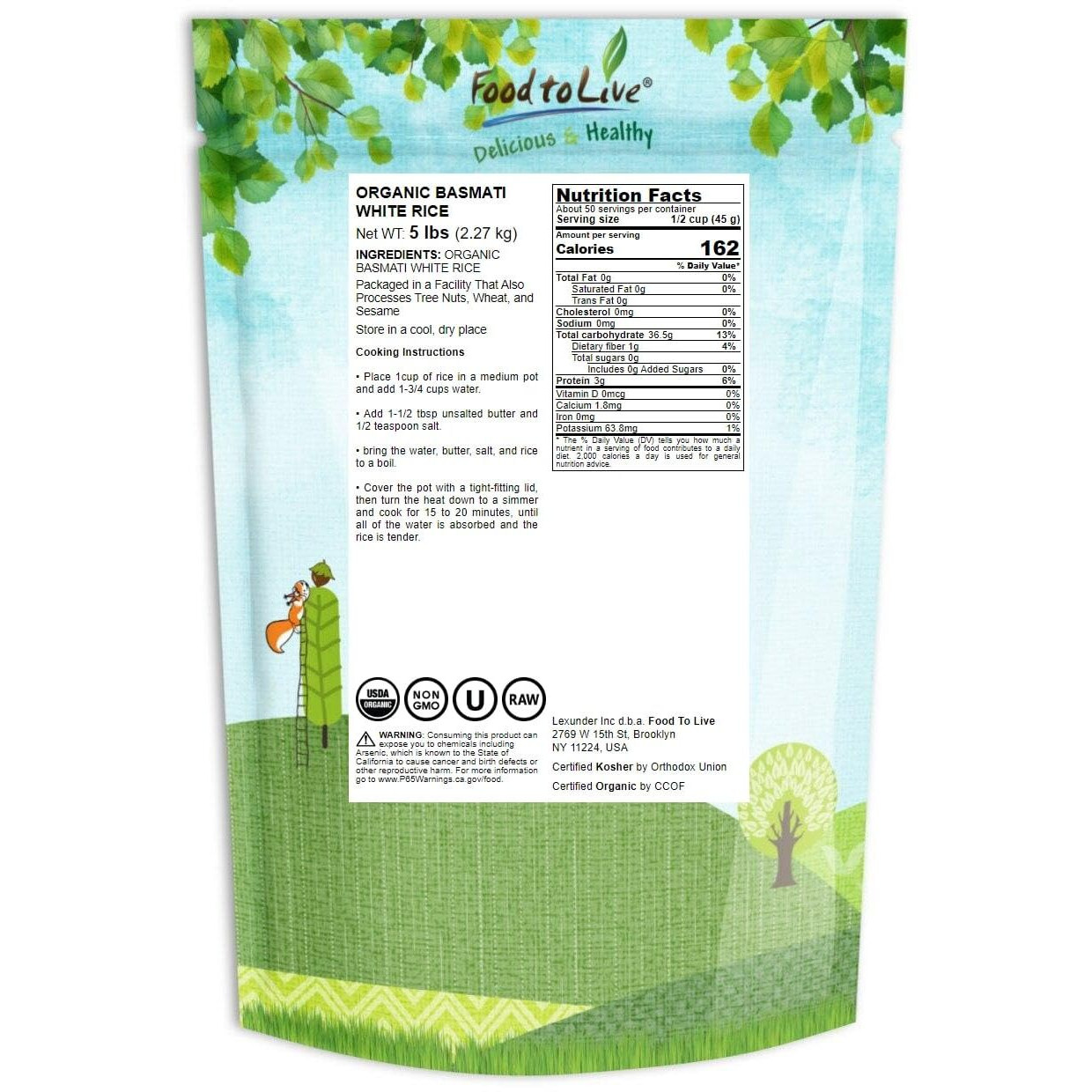 Food To Live Organic White Basmati Rice, 5 Pounds - Non-Gmo, Long-Grain Rice Variety, Fragrant, Kosher, Vegan, Bulk. Non-Irradiated. Less Starch. High In Dietary Fiber. Great For Indian Dishes.