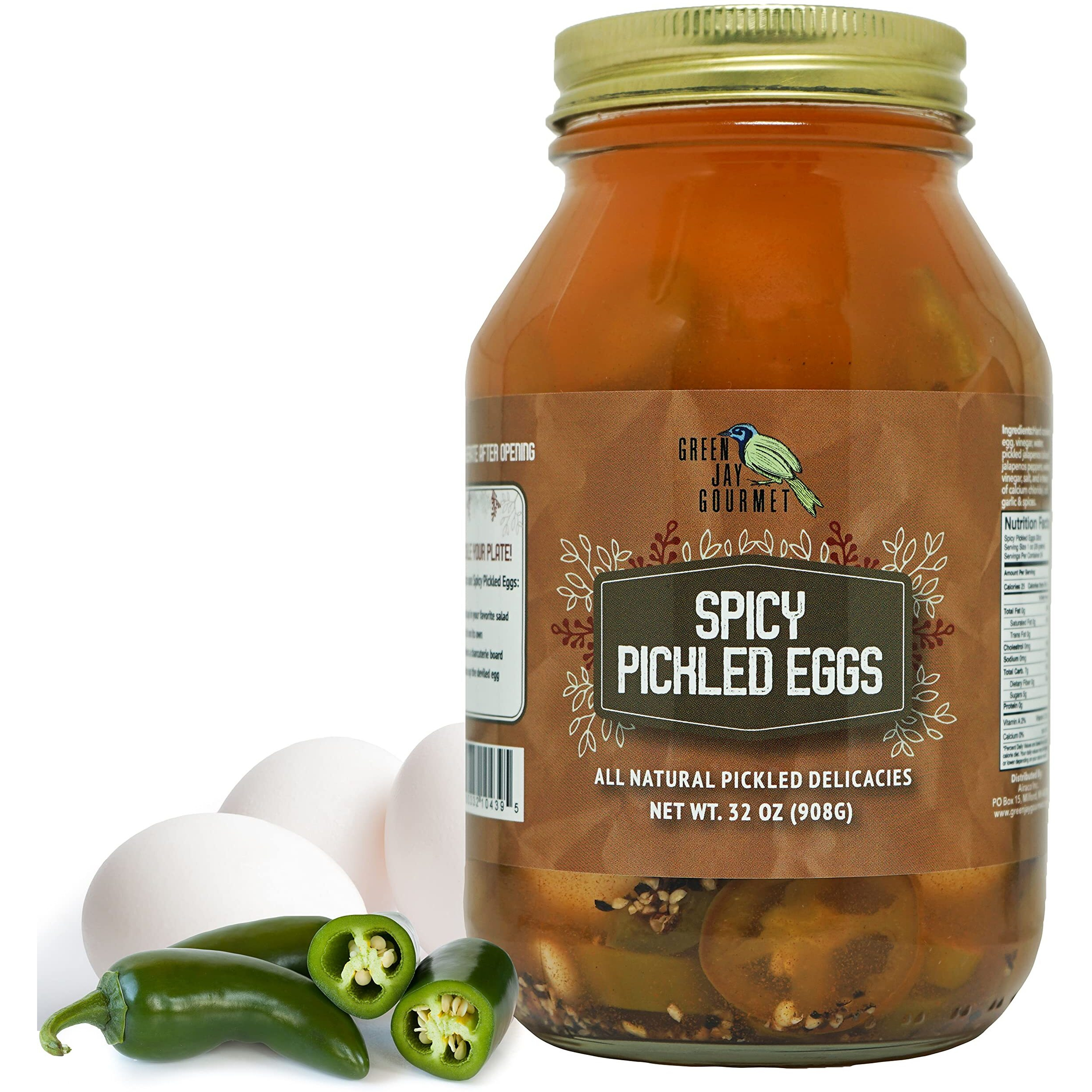 Green Jay Gourmet Spicy Pickled Eggs In A Jar - Fresh Hand Jarred Hen Eggs For Cooking & Pantry - Full Spicy Flavor - Simple Natural Ingredients - 32 Ounce Jar