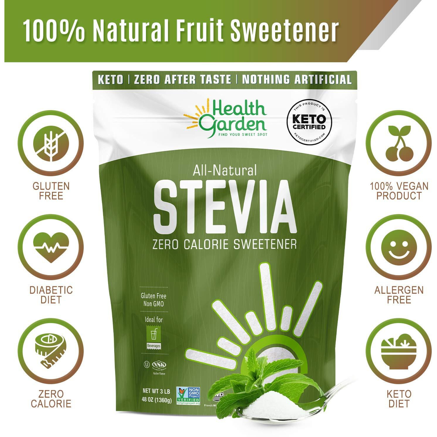 Health Garden Stevia Sweetener Powder - 41 Sugar Substitute - All Natural - Gluten Free - Keto Friendly - Tastes Like Sugar (2 Lbs)