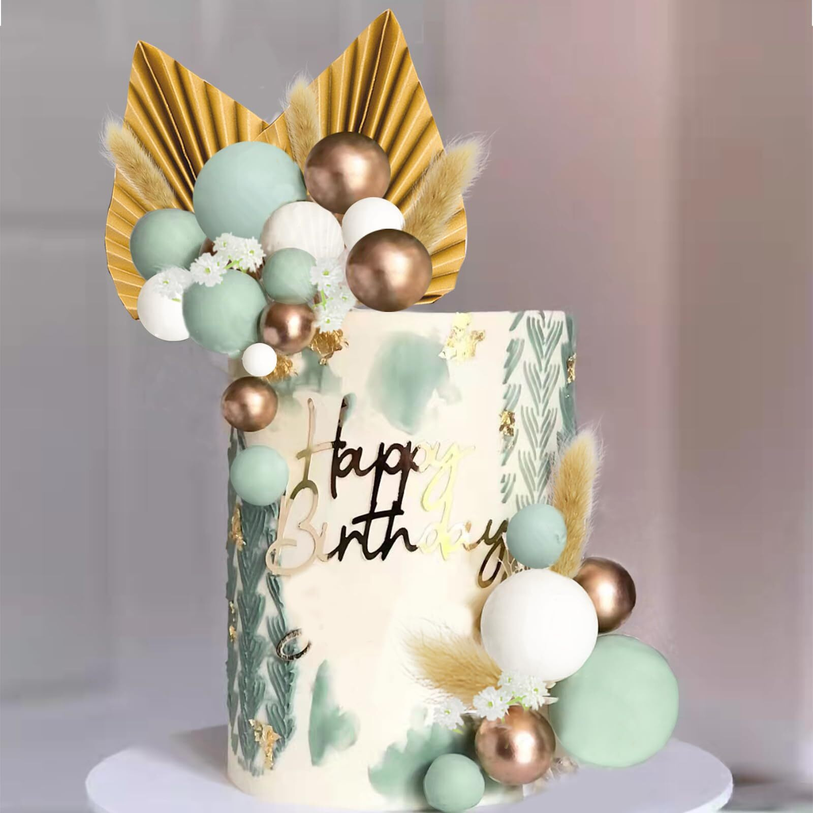 Flower Cake Topper Gold Palm Leaves Balls Cake Decoration For Baby Shower Birthday Party (Babysbreath Flower)