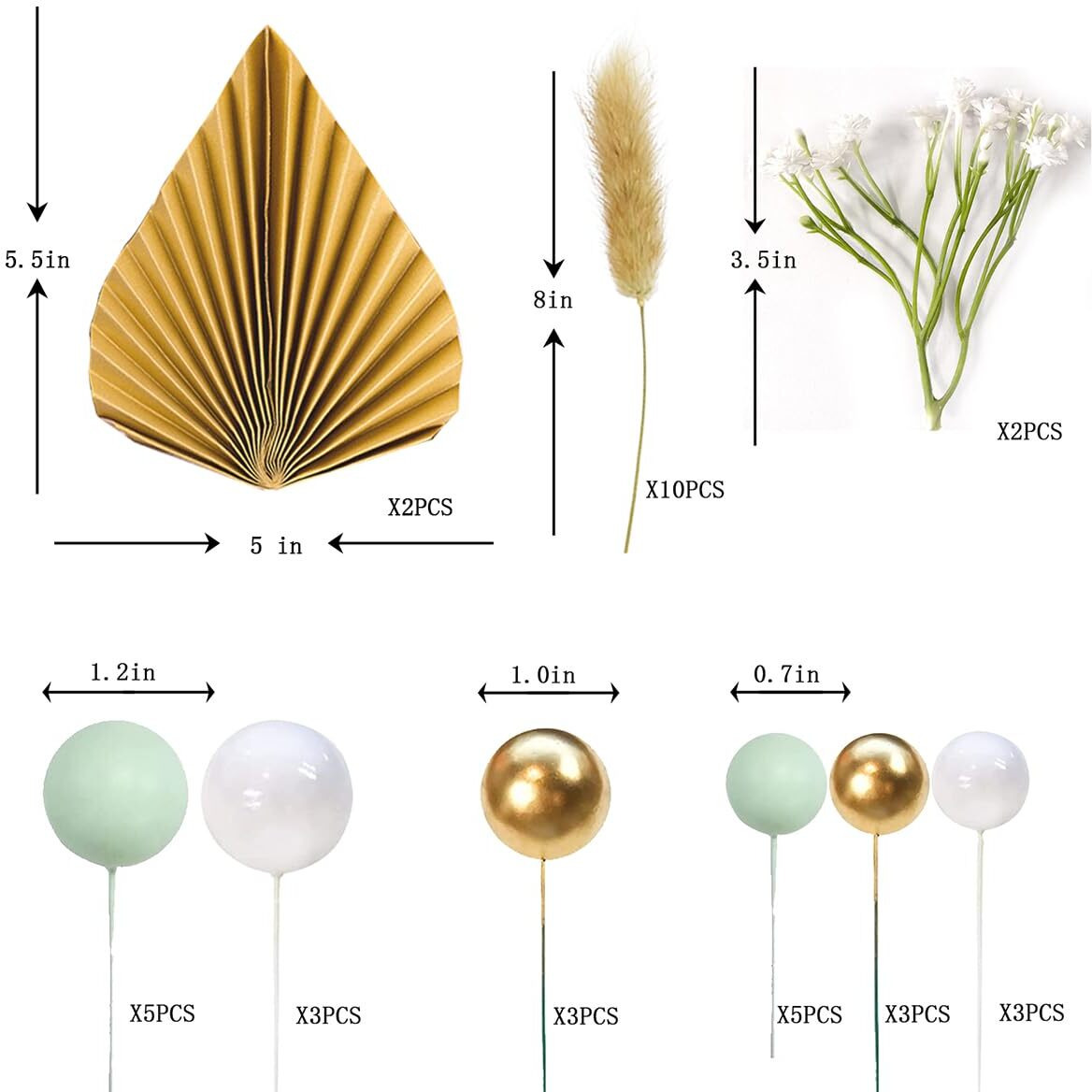 Flower Cake Topper Gold Palm Leaves Balls Cake Decoration For Baby Shower Birthday Party (Babysbreath Flower)