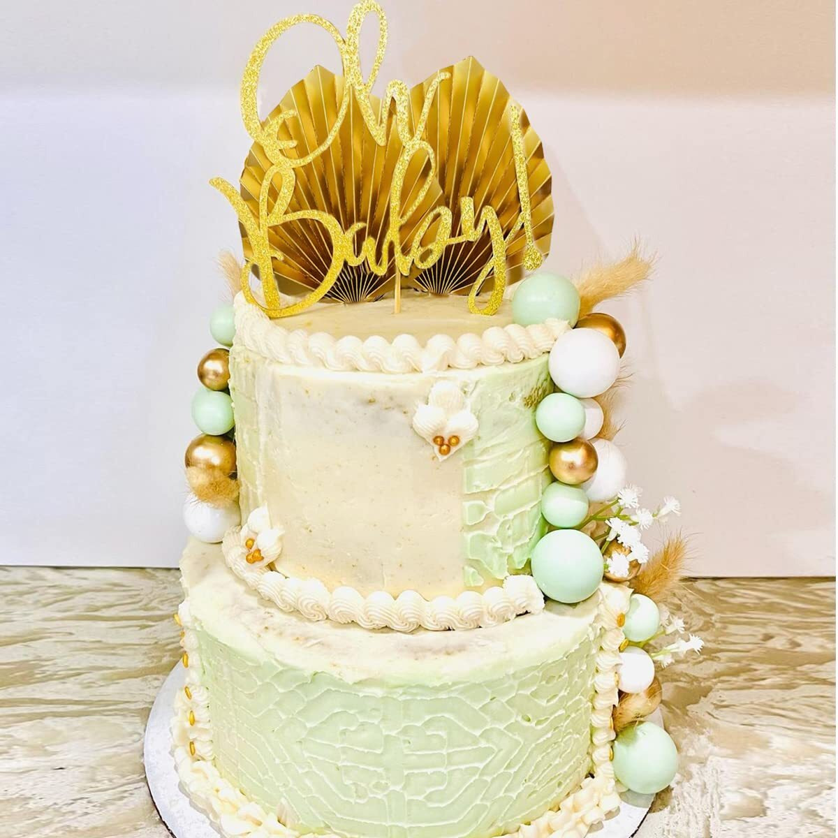 Flower Cake Topper Gold Palm Leaves Balls Cake Decoration For Baby Shower Birthday Party (Babysbreath Flower)