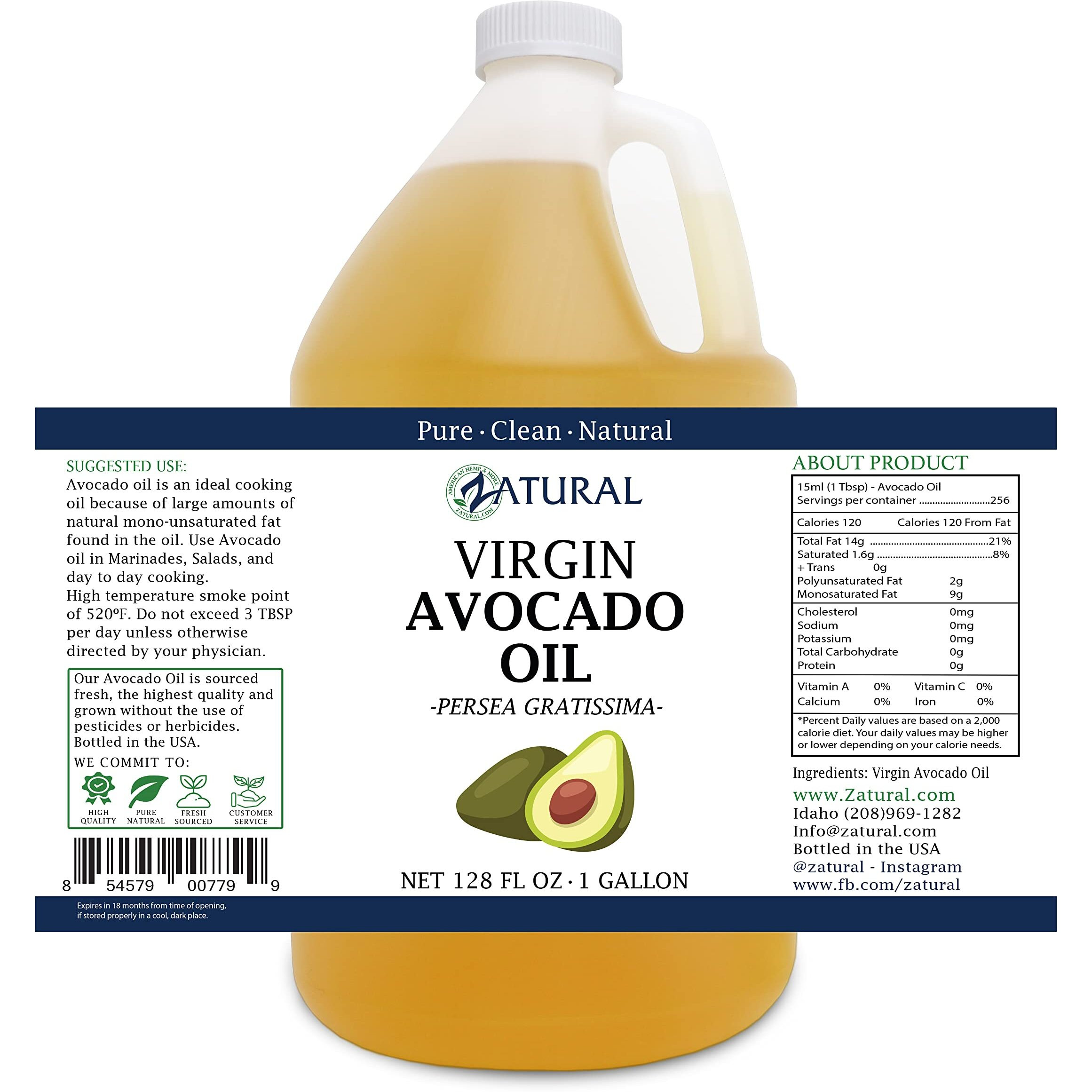 Zatural Avocado Oil Pure Cold Pressed Natural Oil (1 Gallon)
