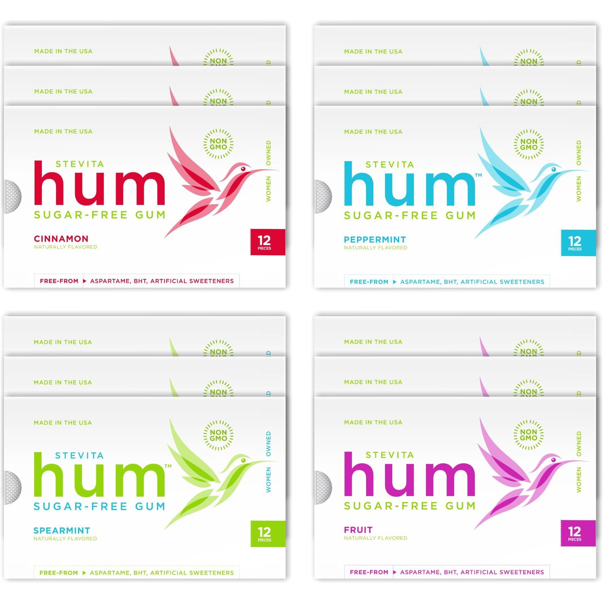 Stevita Hum, Variety Pack - 12 Packets Of Sugar-Free Gum - Includes Three Of Each Flavor Peppermint, Cinnamon, Fruit & Spearmint - Non-Gmo, Vegetarian, Keto, Gluten Free