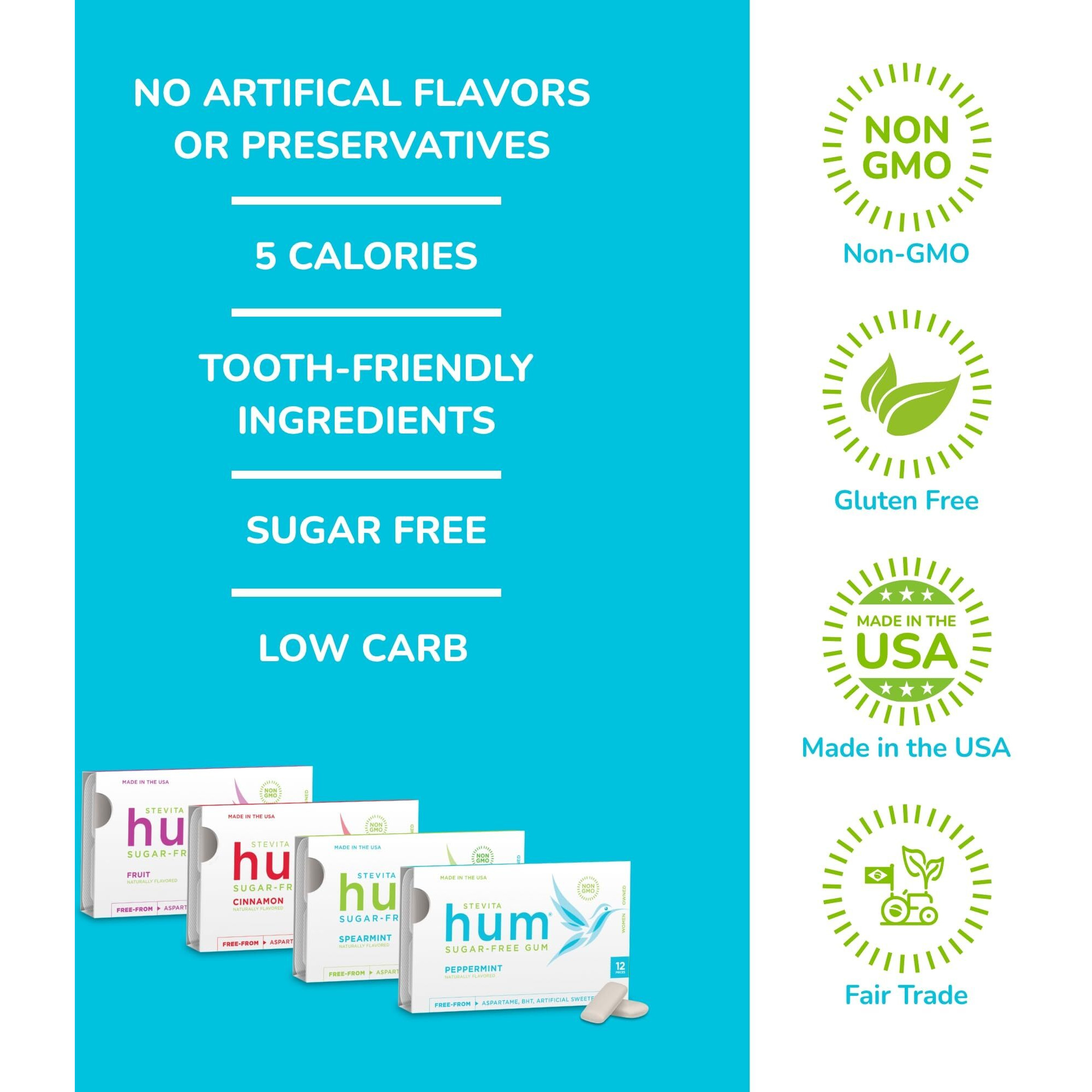 Stevita Hum, Variety Pack - 12 Packets Of Sugar-Free Gum - Includes Three Of Each Flavor Peppermint, Cinnamon, Fruit & Spearmint - Non-Gmo, Vegetarian, Keto, Gluten Free