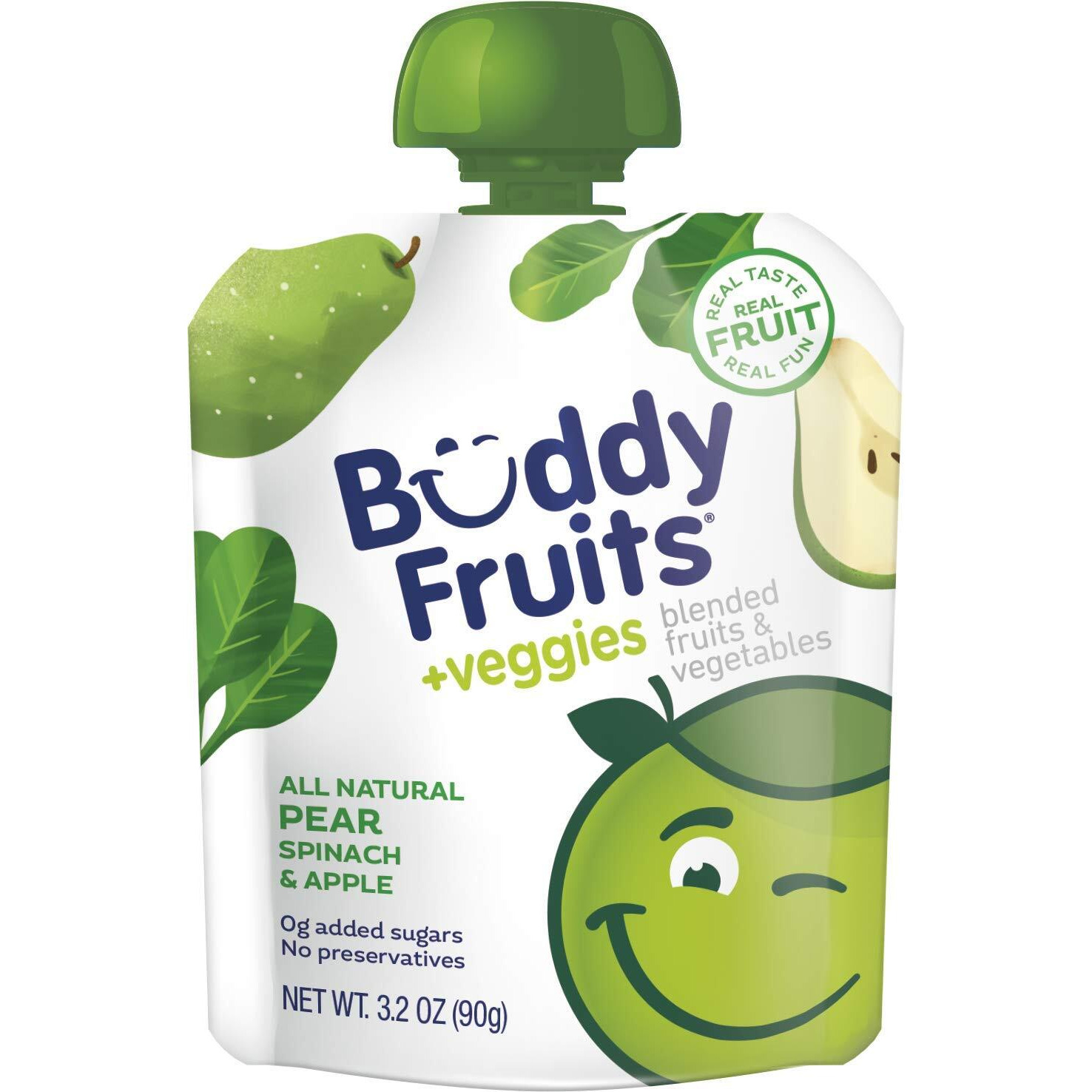 Buddy Fruits & Veggies Snacks To Go Pear Spinach Unsweetened Applesauce 3.2Oz Pouch (18Pk) Gluten-Nut-Dairy-Preservatives-Bpa Free, Non Gmo, Kosher
