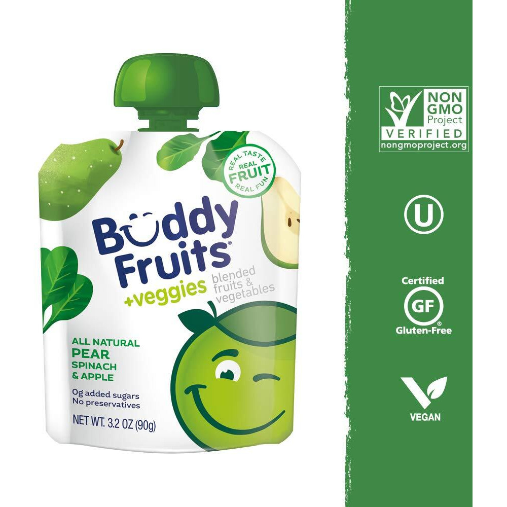 Buddy Fruits & Veggies Snacks To Go Pear Spinach Unsweetened Applesauce 3.2Oz Pouch (18Pk) Gluten-Nut-Dairy-Preservatives-Bpa Free, Non Gmo, Kosher