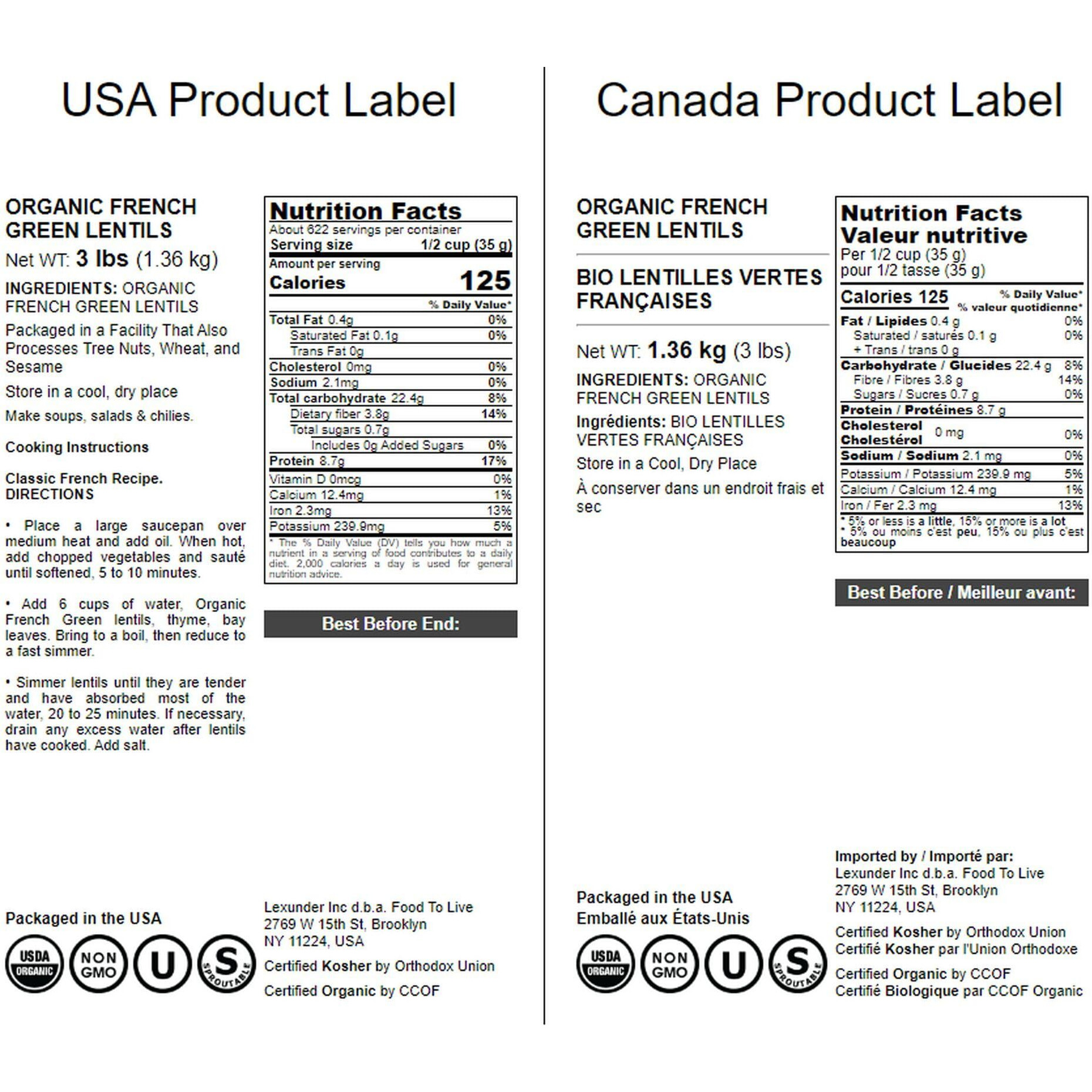 Food To Live Organic French Green Lentils, 3 Pounds - Non-Gmo, Whole Dry Beans, Raw, Sproutable, Vegan, Kosher, Bulk. Rich In Folate, Fiber, And Plant-Based Protein. Great For Soups, Chili And Curries