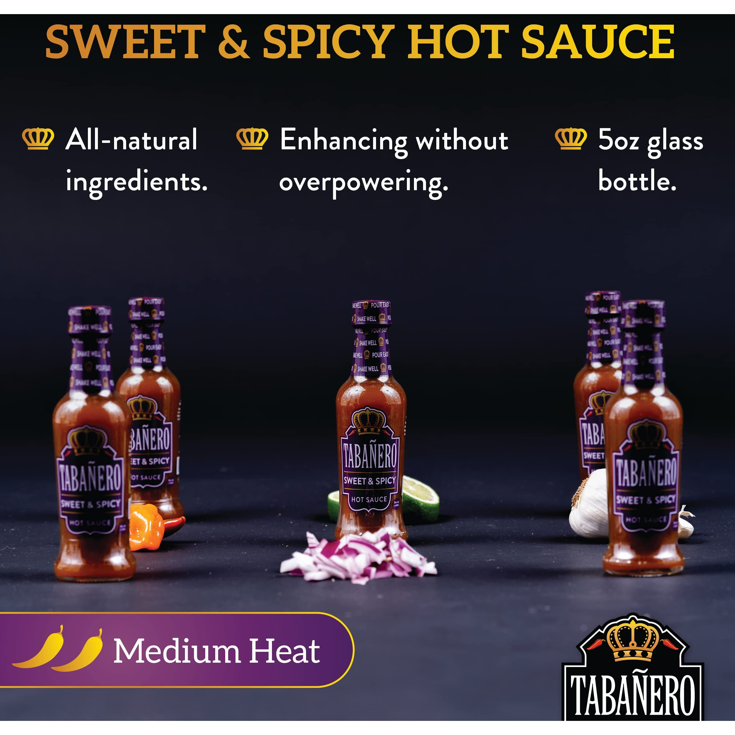 Sweet & Spicy Hot Sauce By Tabaero, Gourmet Hot Sauce Gift, Fiesta Party Favors, All Natural, Gluten Free, Low Sodium, Vegan, Kosher, Made In The Usa, 5 Oz. Hot Sauce Bottle