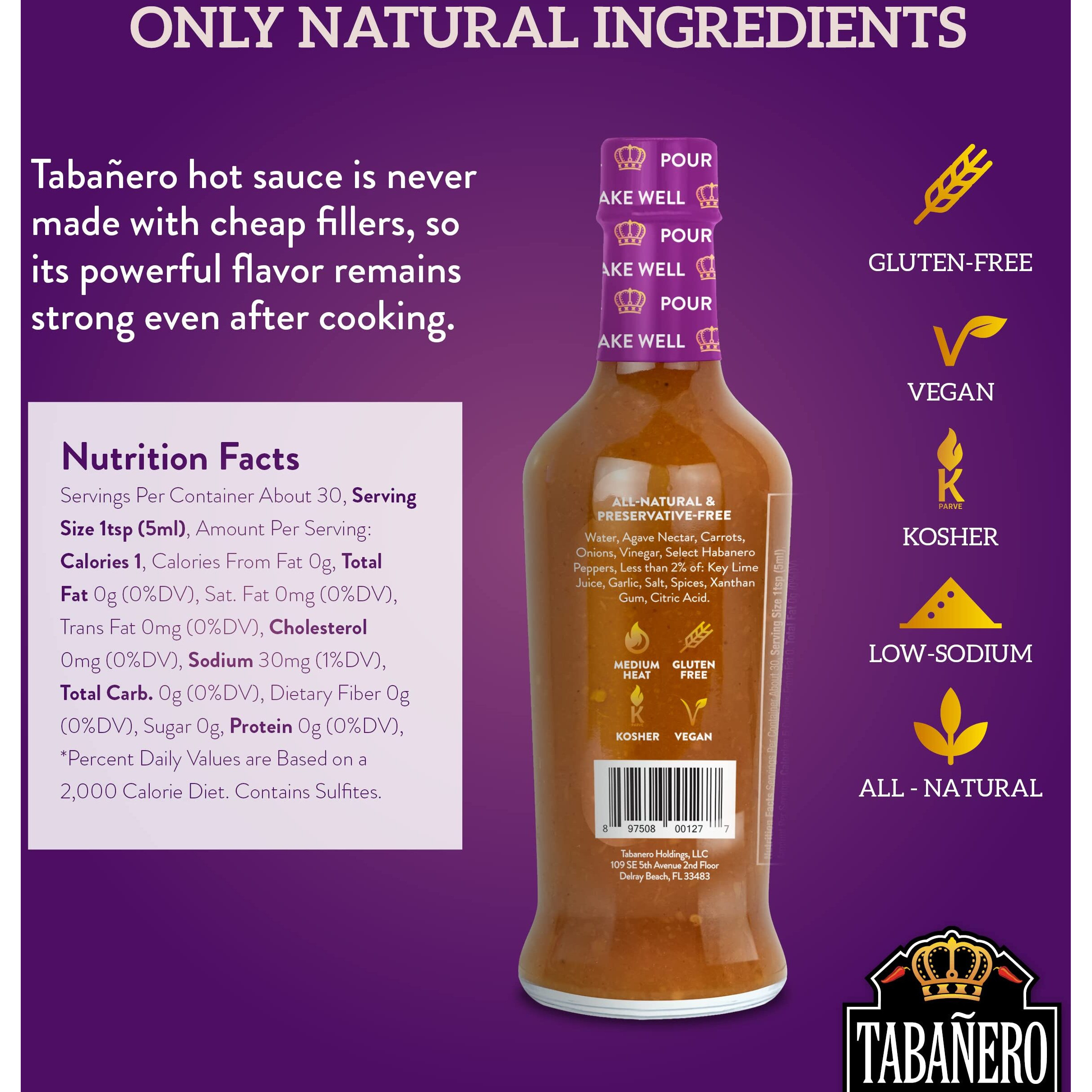 Sweet & Spicy Hot Sauce By Tabaero, Gourmet Hot Sauce Gift, Fiesta Party Favors, All Natural, Gluten Free, Low Sodium, Vegan, Kosher, Made In The Usa, 5 Oz. Hot Sauce Bottle